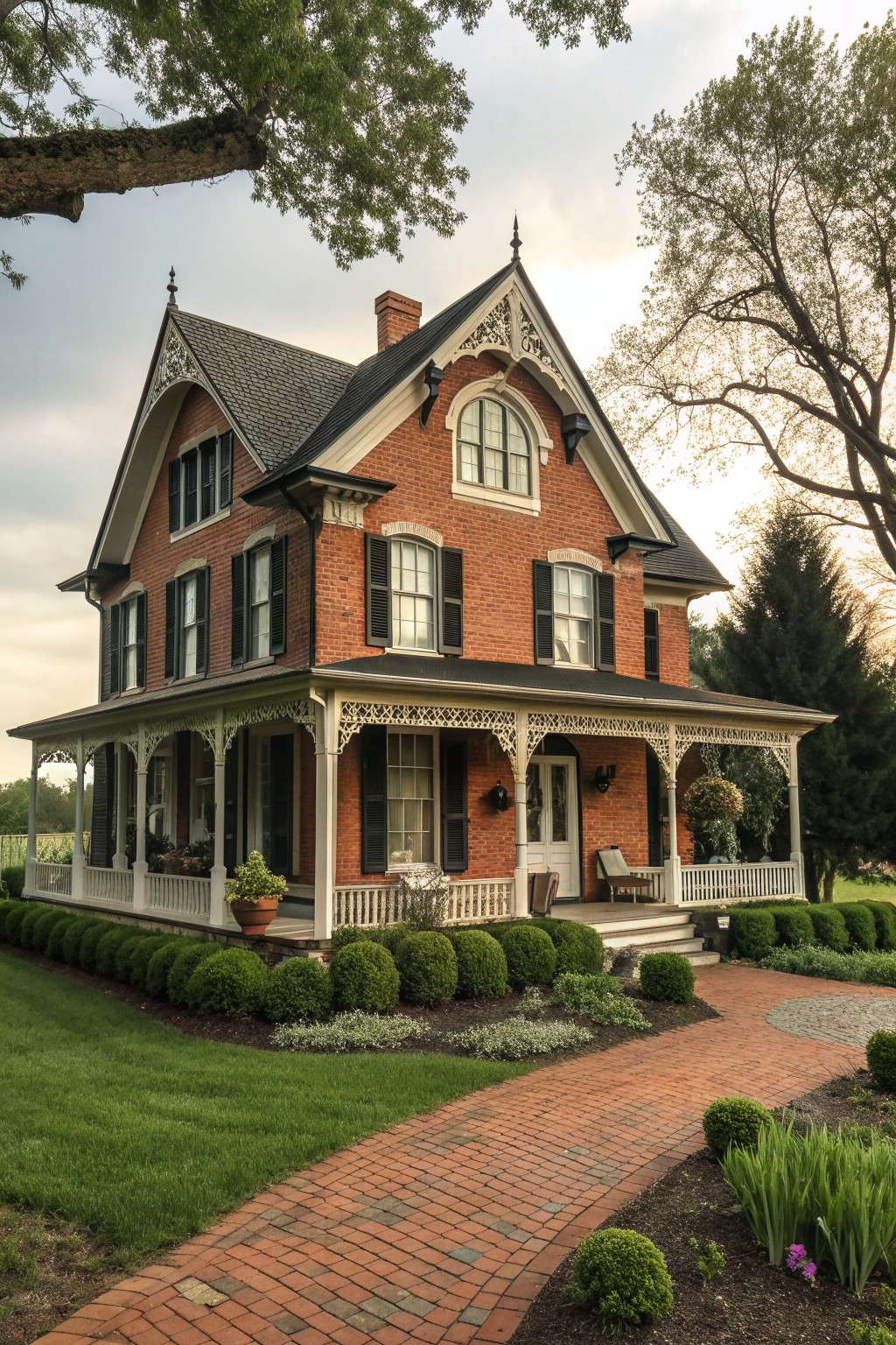 A two-story red brick Victorian house with multiple steeply pitched gables featuring white decorative trim, black shutters, and a wraparound porch.