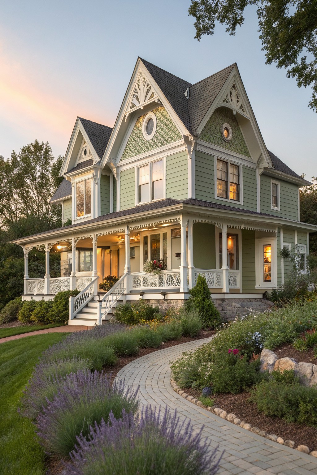 Large Victorian house with green siding, white porch, and lavender garden at dusk