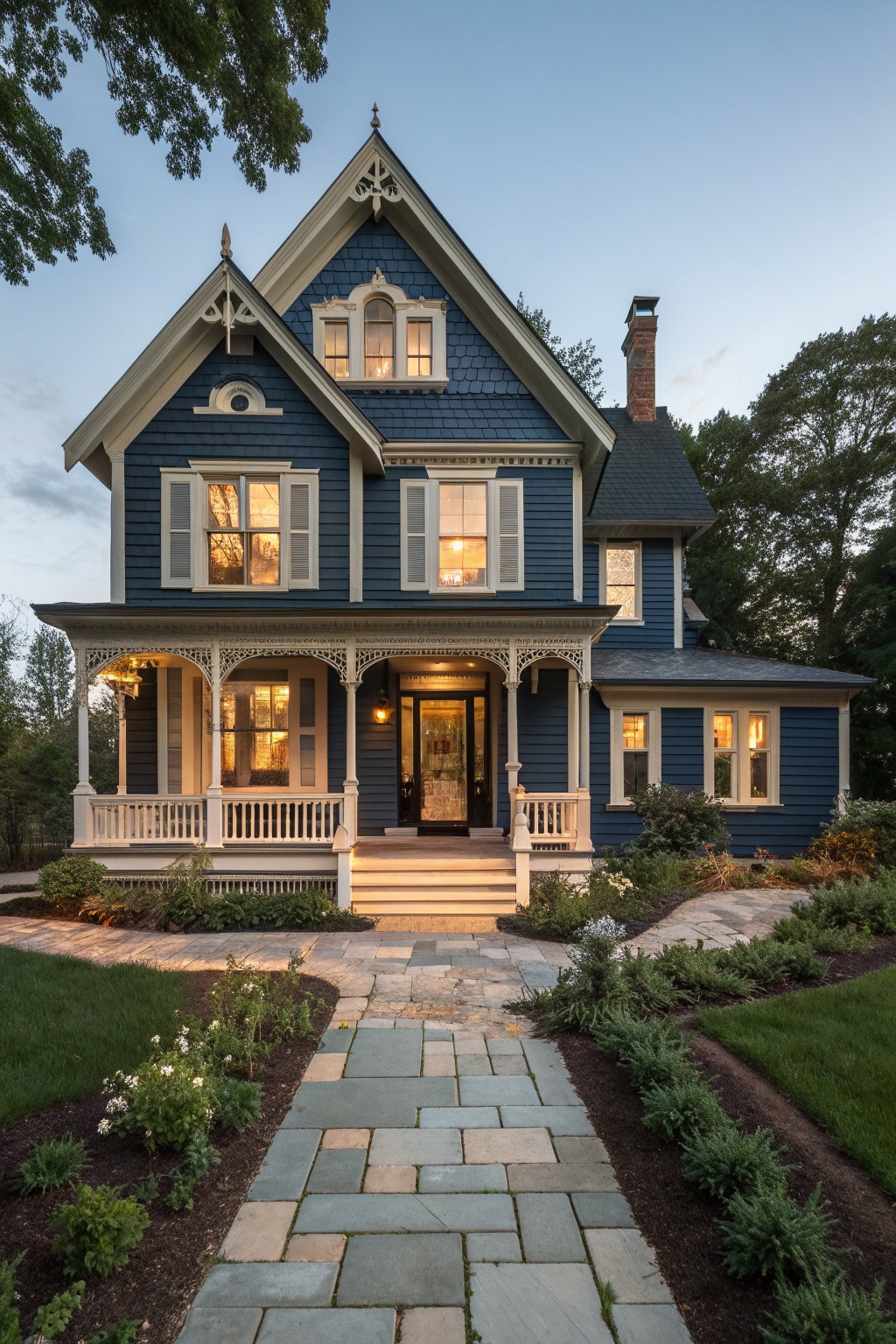Blue Victorian house with white trim, lit windows, porch, and stone garden path at dusk.