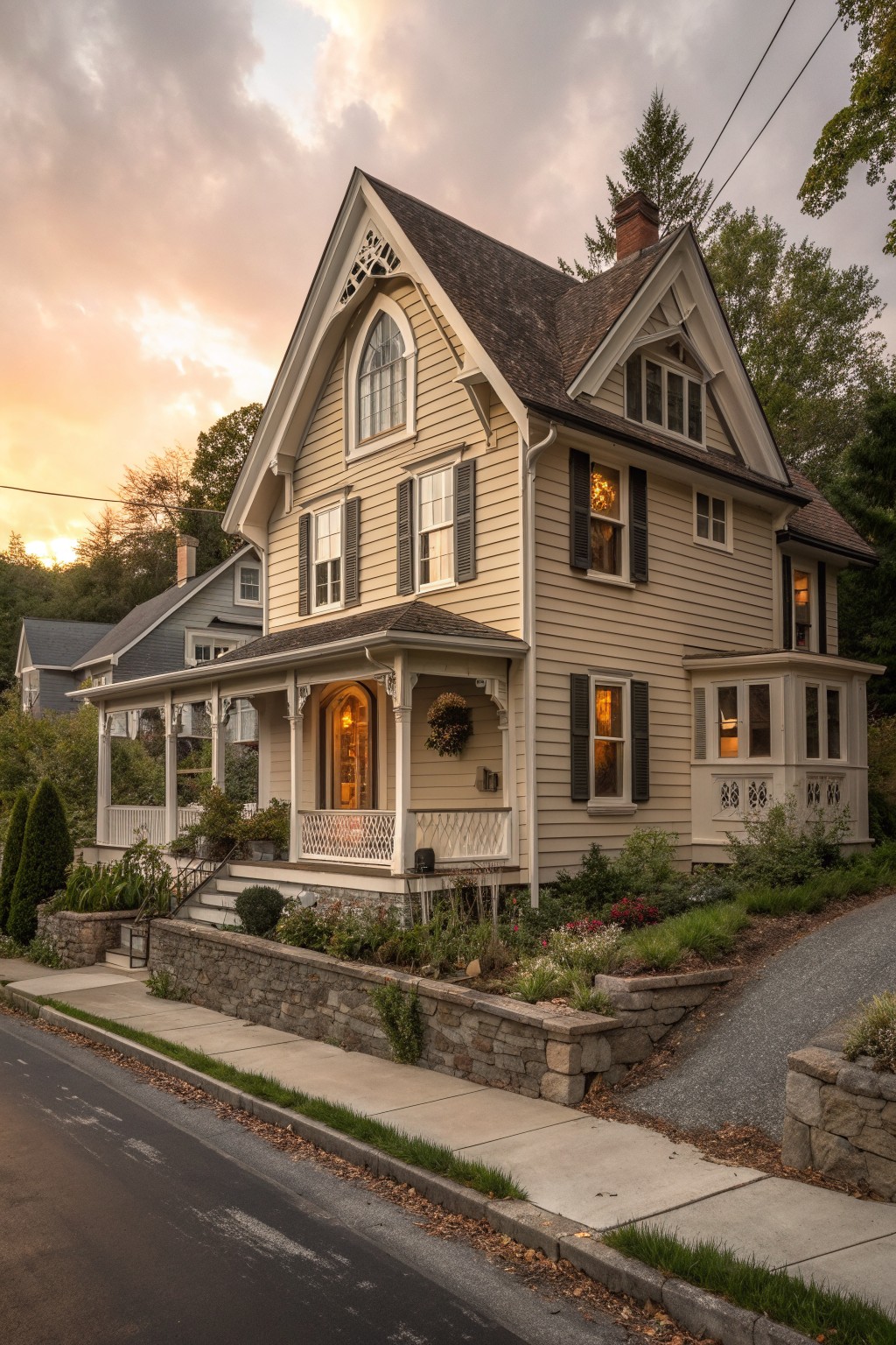 A pale yellow Victorian farmhouse with dark shutters, a large central gable with decorative white trim and an arched window, and a stone retaining wall along the front.