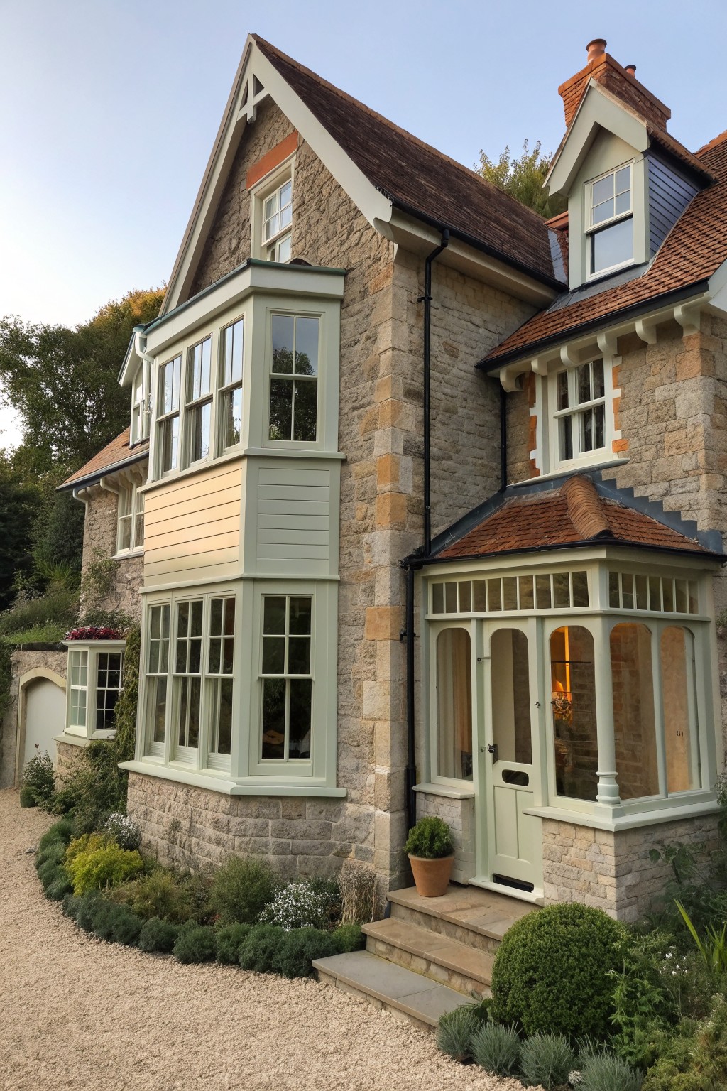 A stone Victorian farmhouse with multiple steep gables, bay windows, and a gravel driveway bordered by garden beds.