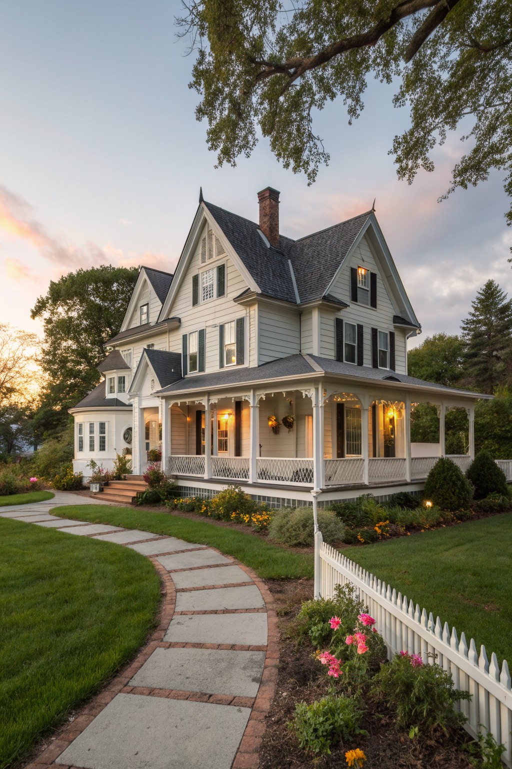 Large white Victorian house with wraparound porch along brick pathway at dusk
