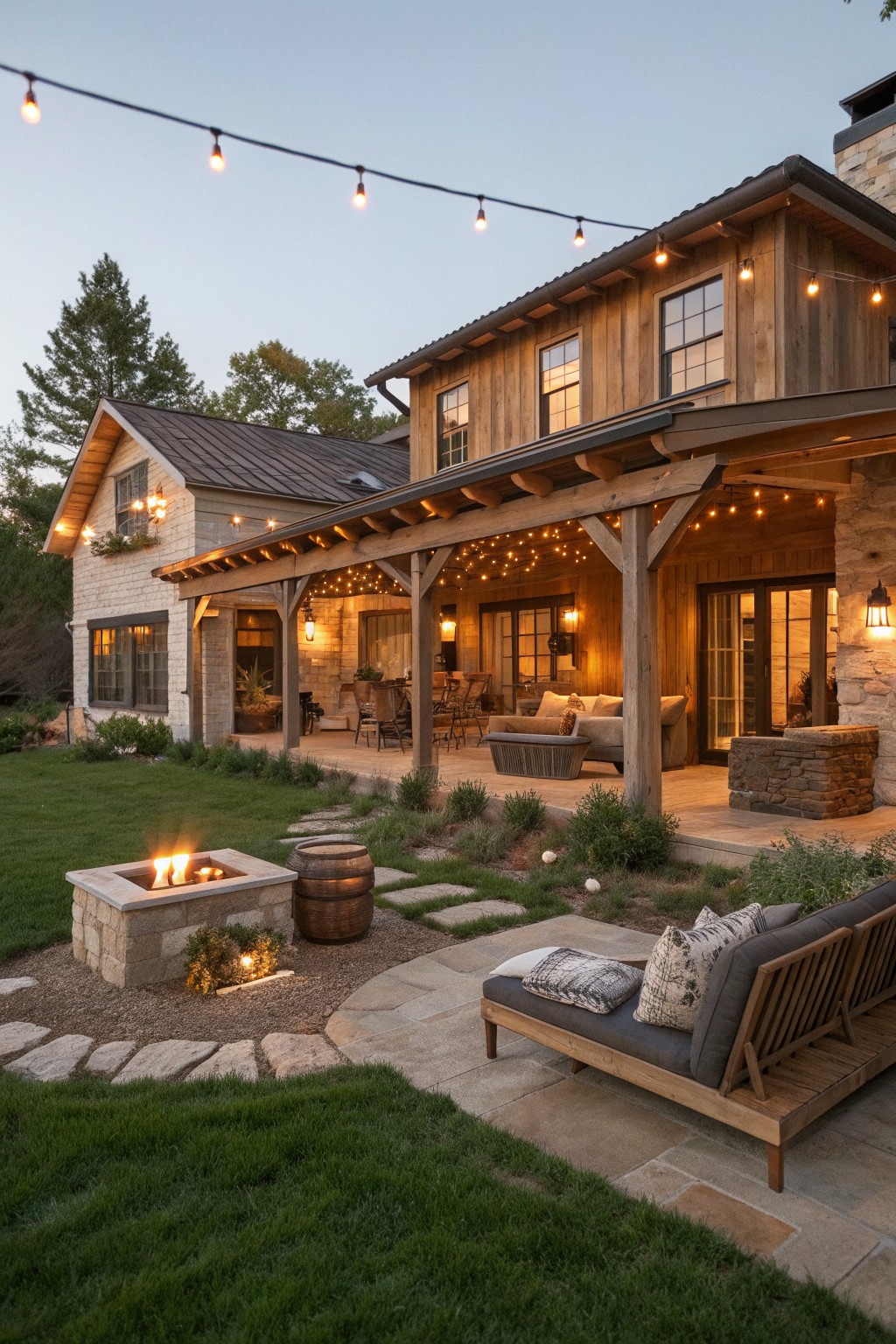Rustic wooden house with string-lit patio, fire pit, and stone pathway at dusk