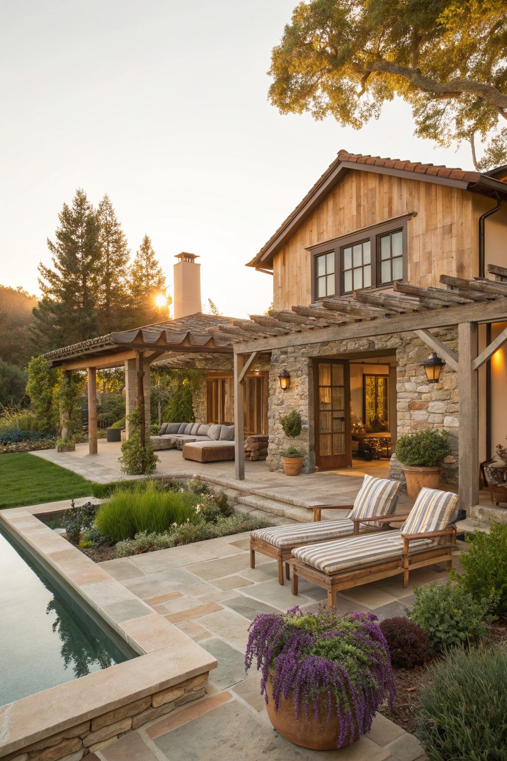 A stone and wood farmhouse exterior with a covered patio, striped lounge chairs, wooden pergola, and a pool in the foreground.