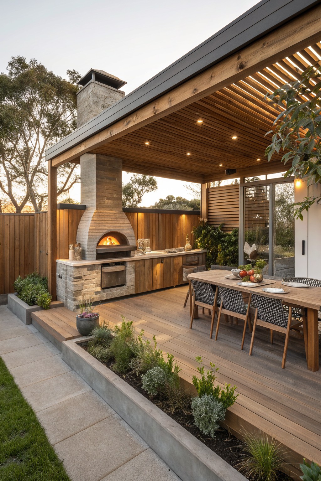 Modern outdoor patio with stone fireplace, wooden dining table, and deck at dusk.