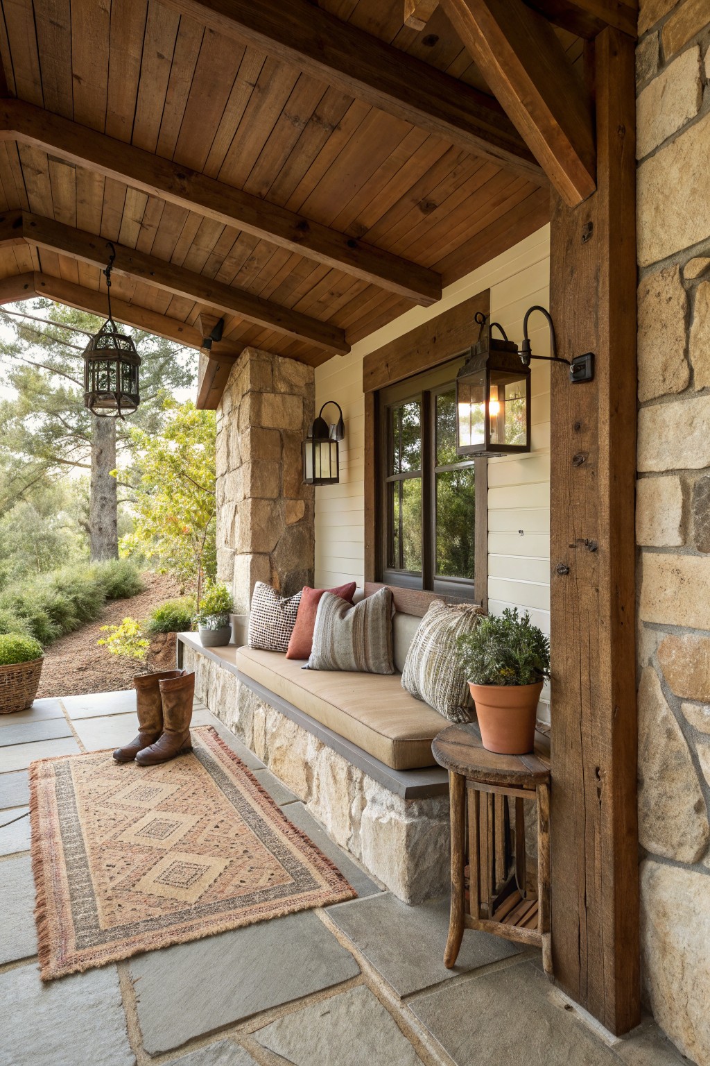 A covered porch with a long built-in stone bench topped with neutral cushions, wooden beams overhead, and two wall-mounted lanterns.
