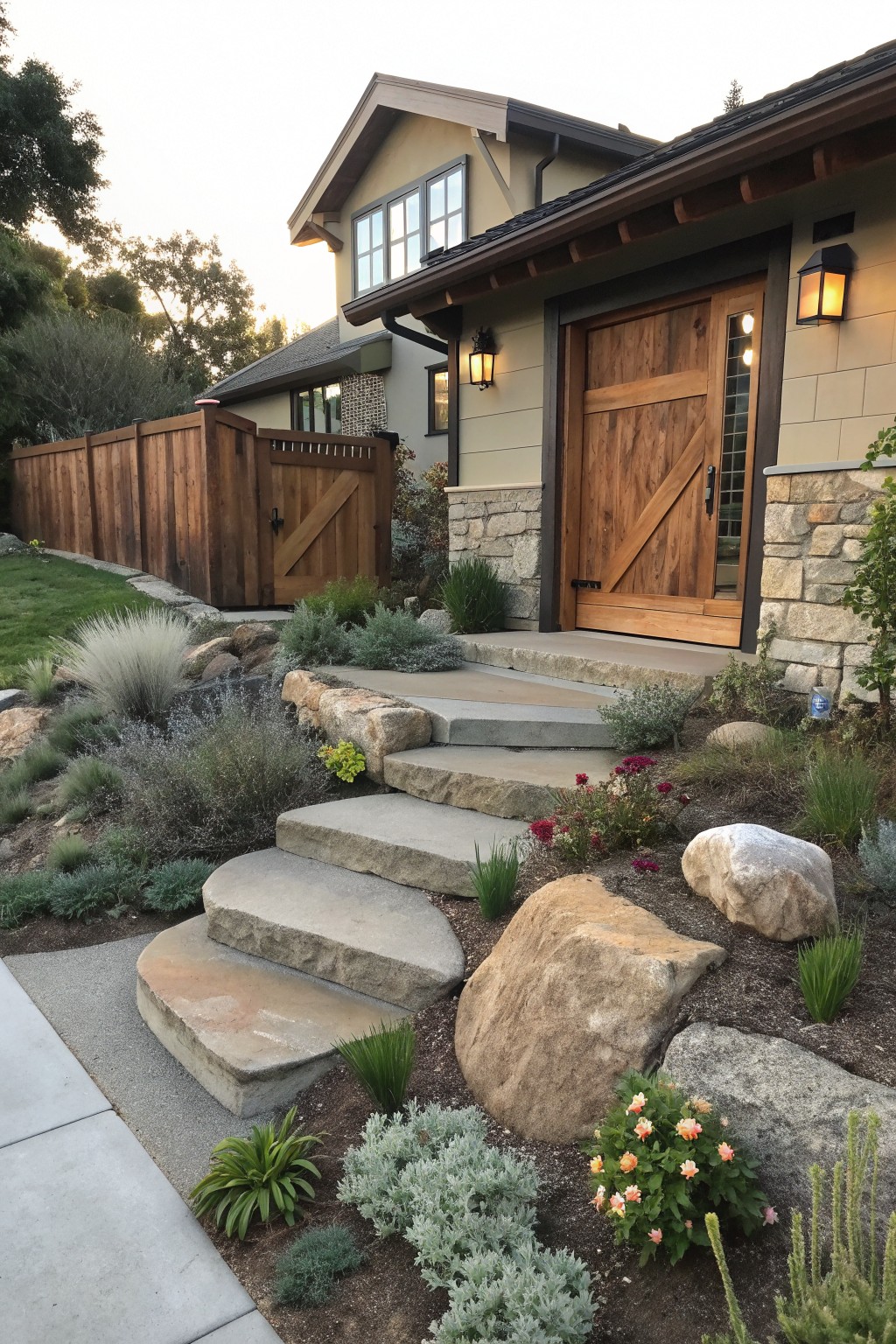 A house exterior featuring a large wooden front door with diagonal bracing, stone base, concrete steps, and surrounding landscaping with rocks and plants.