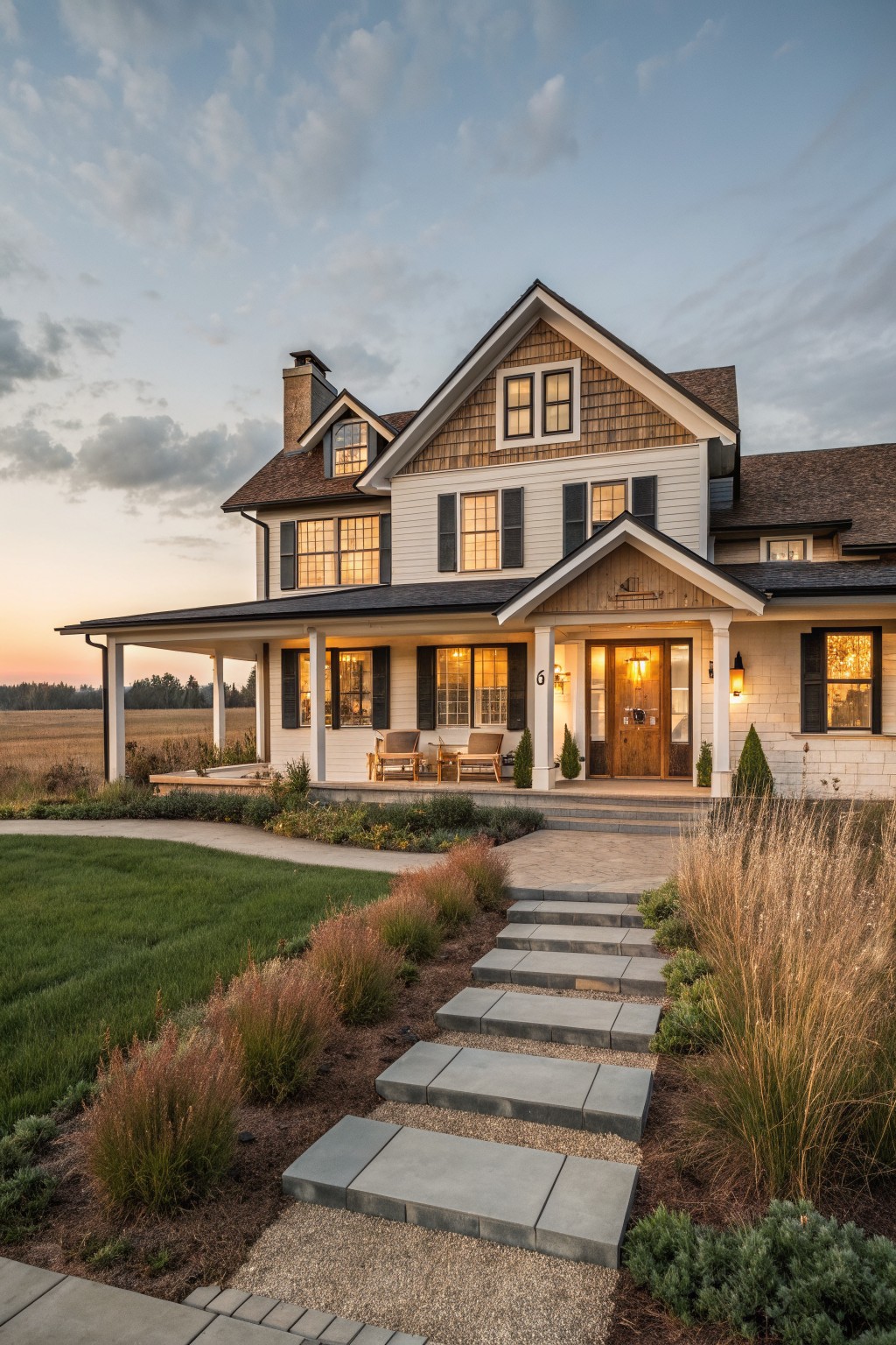 A two-story farmhouse exterior at dusk with wood shingles on the upper gables, white horizontal siding, a covered front porch with wood door, and concrete steps leading to the entry.