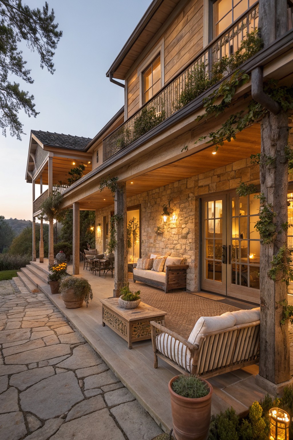 A two-story house with wood siding and stone walls features a wide covered porch furnished with sofas, chairs, and tables, surrounded by potted plants and climbing vines.