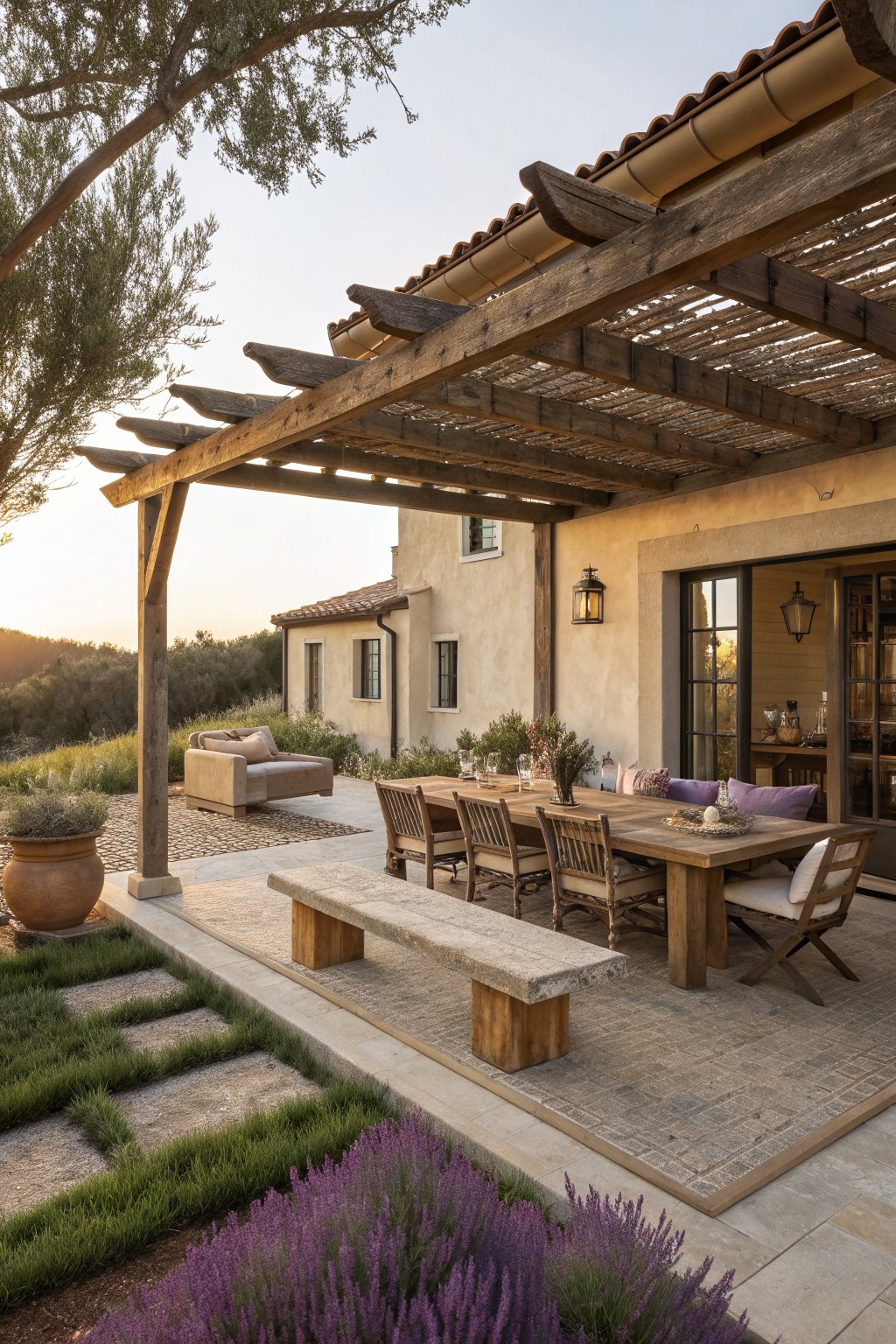 A wooden pergola shades a long dining table and bench on a stone patio beside a stucco house, with lavender plants and grass steps in the foreground.