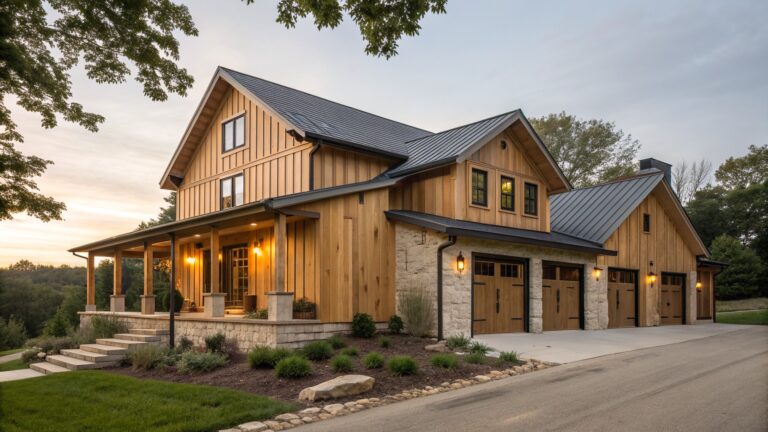 21 Warm Western Farmhouse Exterior Ideas Using Wood and Earthy Finishes A large wooden farmhouse with vertical siding, stone accents on the porch and chimney, a dark metal roof, and concrete steps leading to a front door at dusk.
