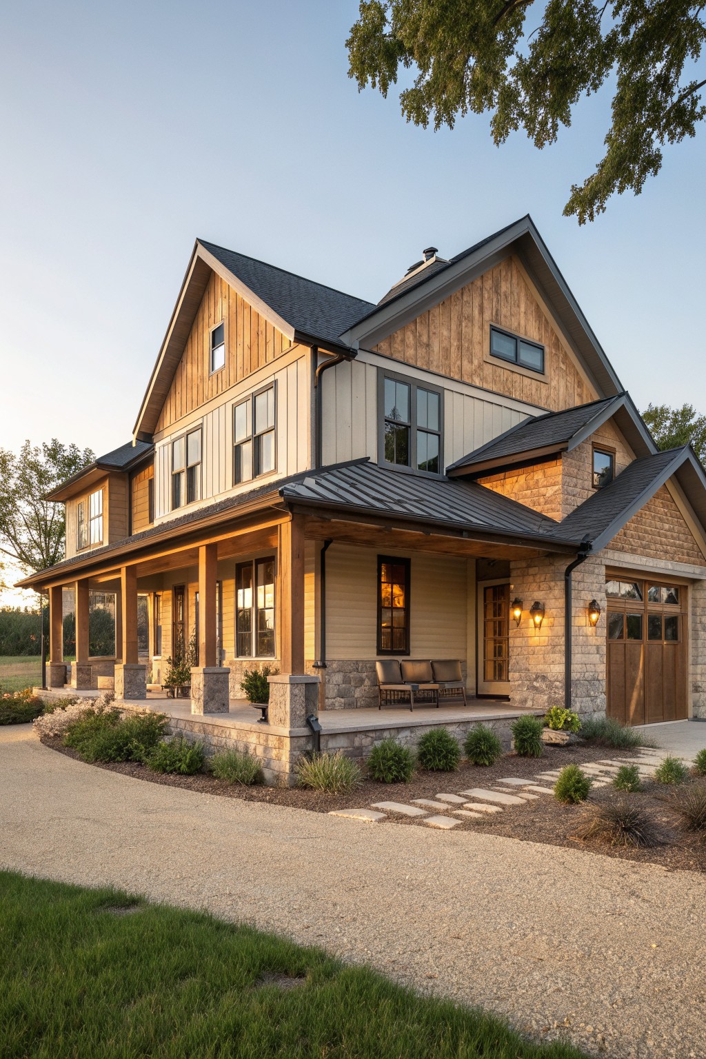 A two-story Western farmhouse exterior with mixed wood siding, stone on the lower walls and porch base, a covered entry porch, and a three-car garage.