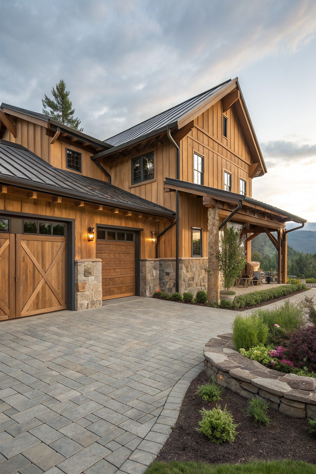 Wooden mountain home with stone accents, garages, and landscaped driveway at dusk