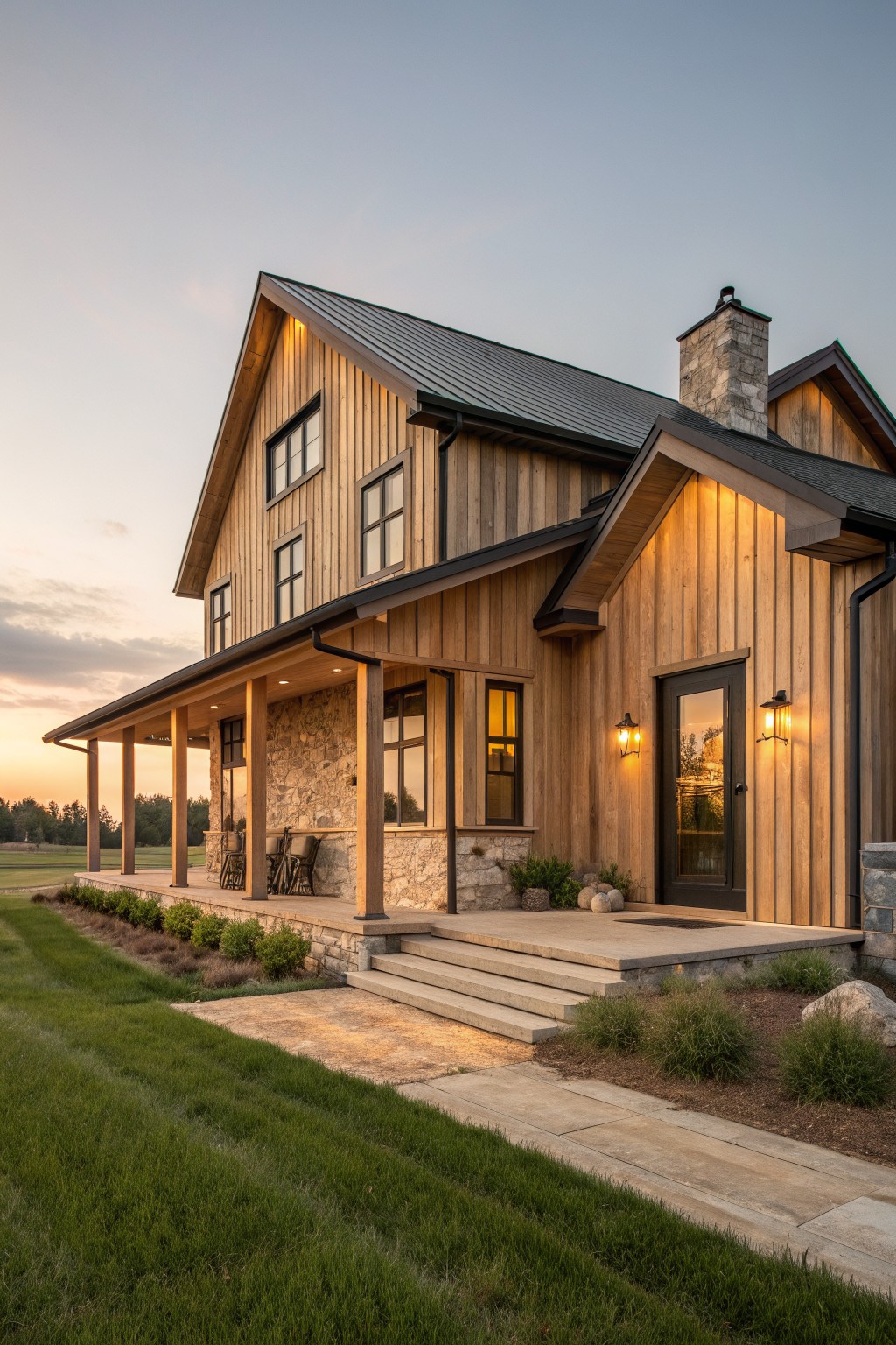 A large wooden farmhouse with vertical siding, stone accents on the porch and chimney, a dark metal roof, and concrete steps leading to a front door at dusk.