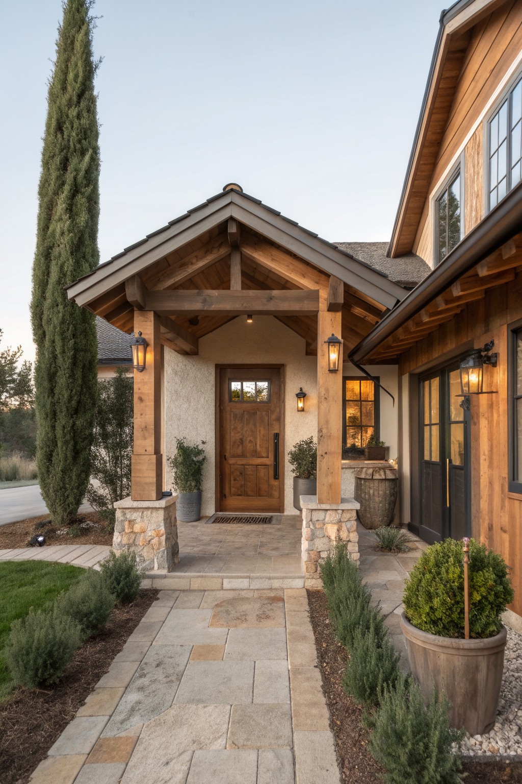 Front view of a farmhouse entrance featuring a wooden gabled porch on stone pillars, a central wooden door, and potted plants along a stone pathway.