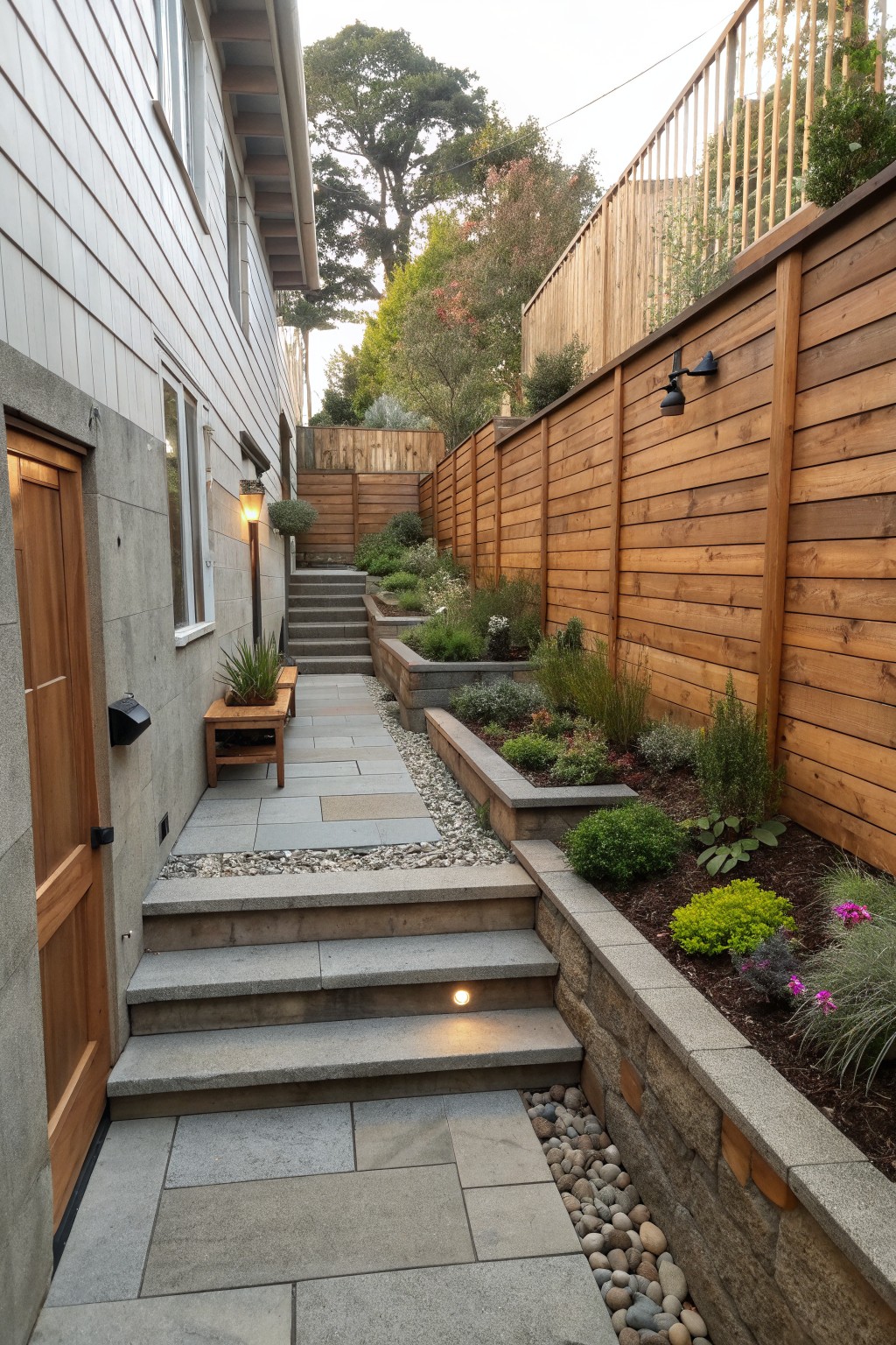 Stone steps and path between house and wooden fence with raised gardens