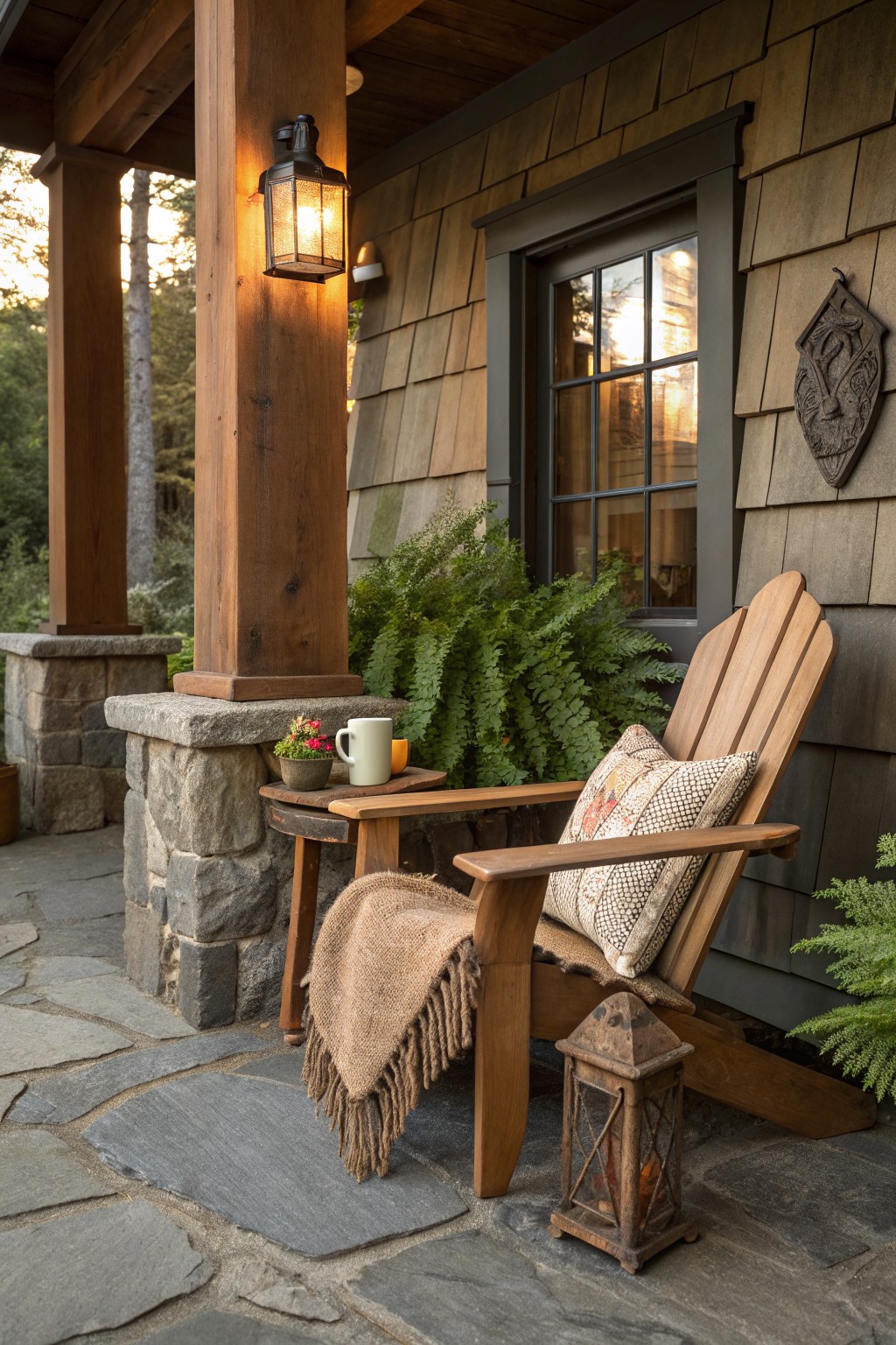 Rustic wooden Adirondack chair with blanket and pillow on stone porch near lanterns