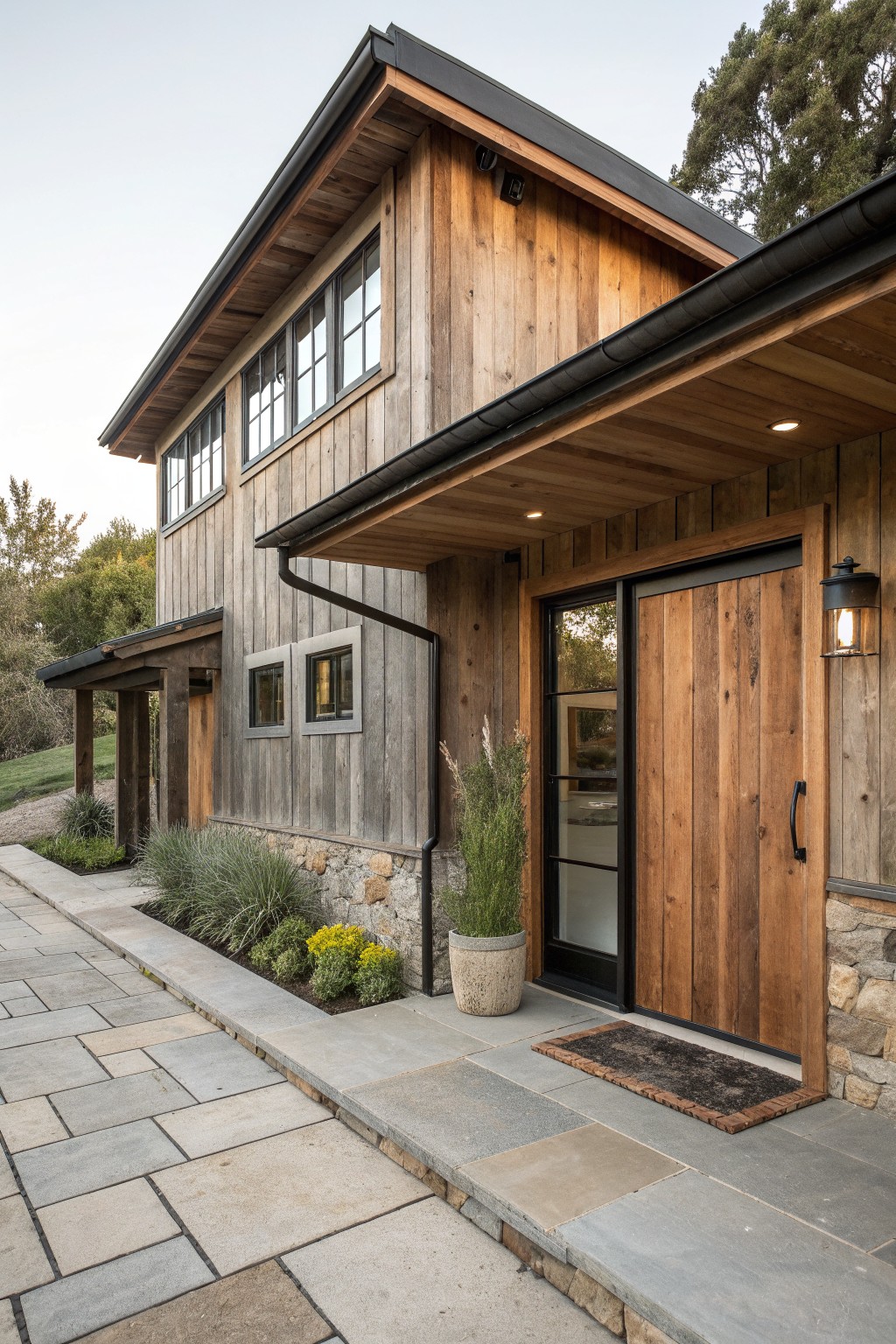 Rustic wooden house with stone base, large door, potted plant, and stone walkway