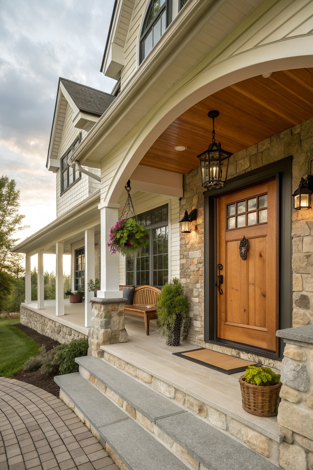 A house entry with a wooden front door set into a stone wall, a wooden ceiling under an arched porch roof, and stone steps with a hanging lantern.