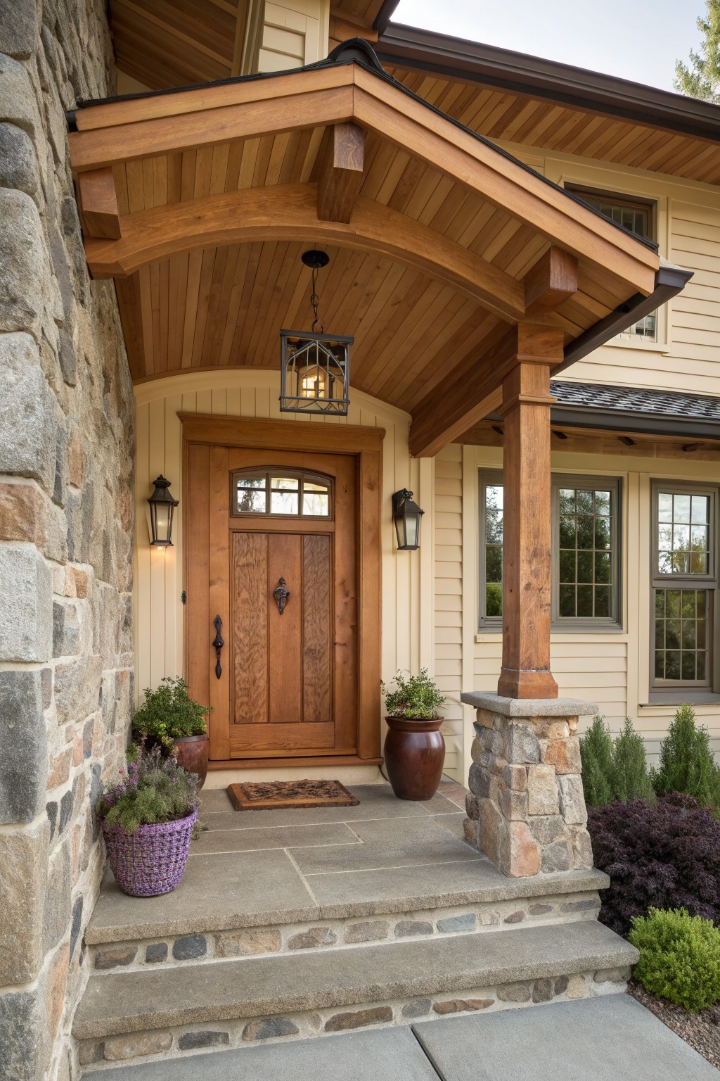 Front porch of a house with an arched wooden ceiling, a wooden front door, stone pillar and wall, and potted plants on the steps.