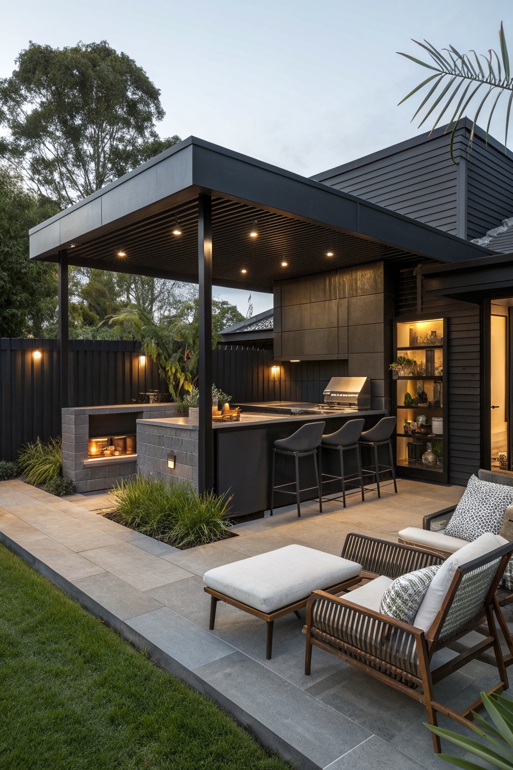 A modern black outdoor kitchen with bar seating under a covered structure, adjacent to a built-in fireplace and lounge seating on a stone patio.