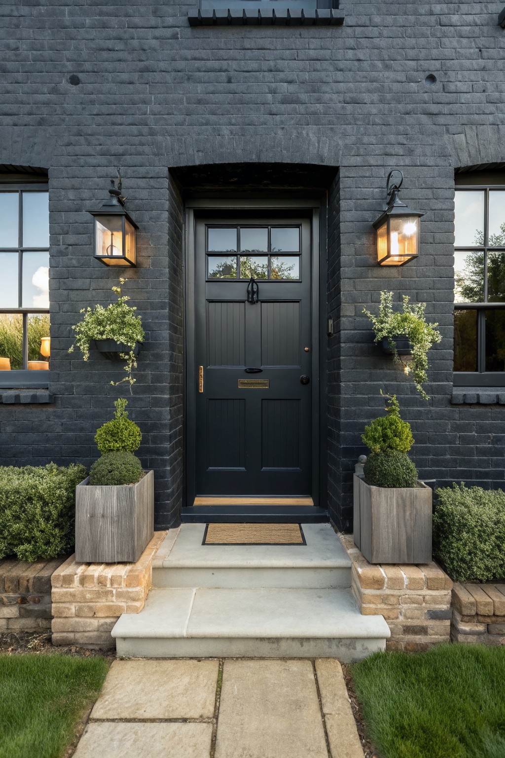 Front view of a dark gray brick house with a centered black door, lit black lanterns on both sides, and wooden planters on brick bases flanking the concrete steps.