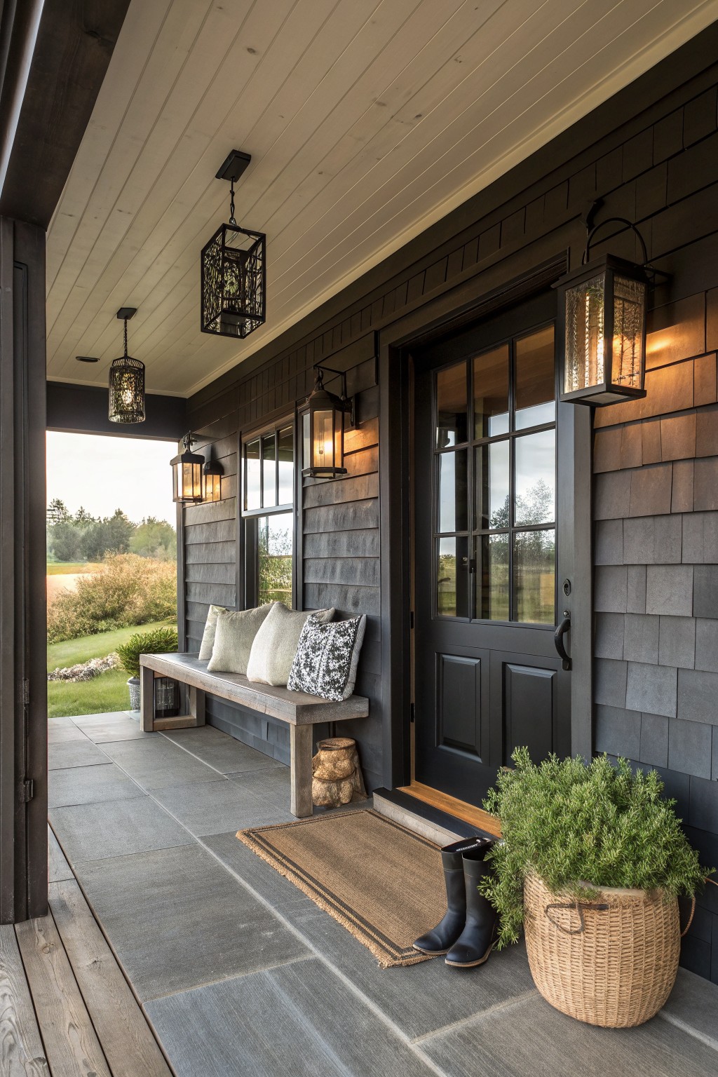 A black front door with glass panels on a dark-sided house, flanked by wall lanterns, with a wooden bench holding pillows on the covered porch.