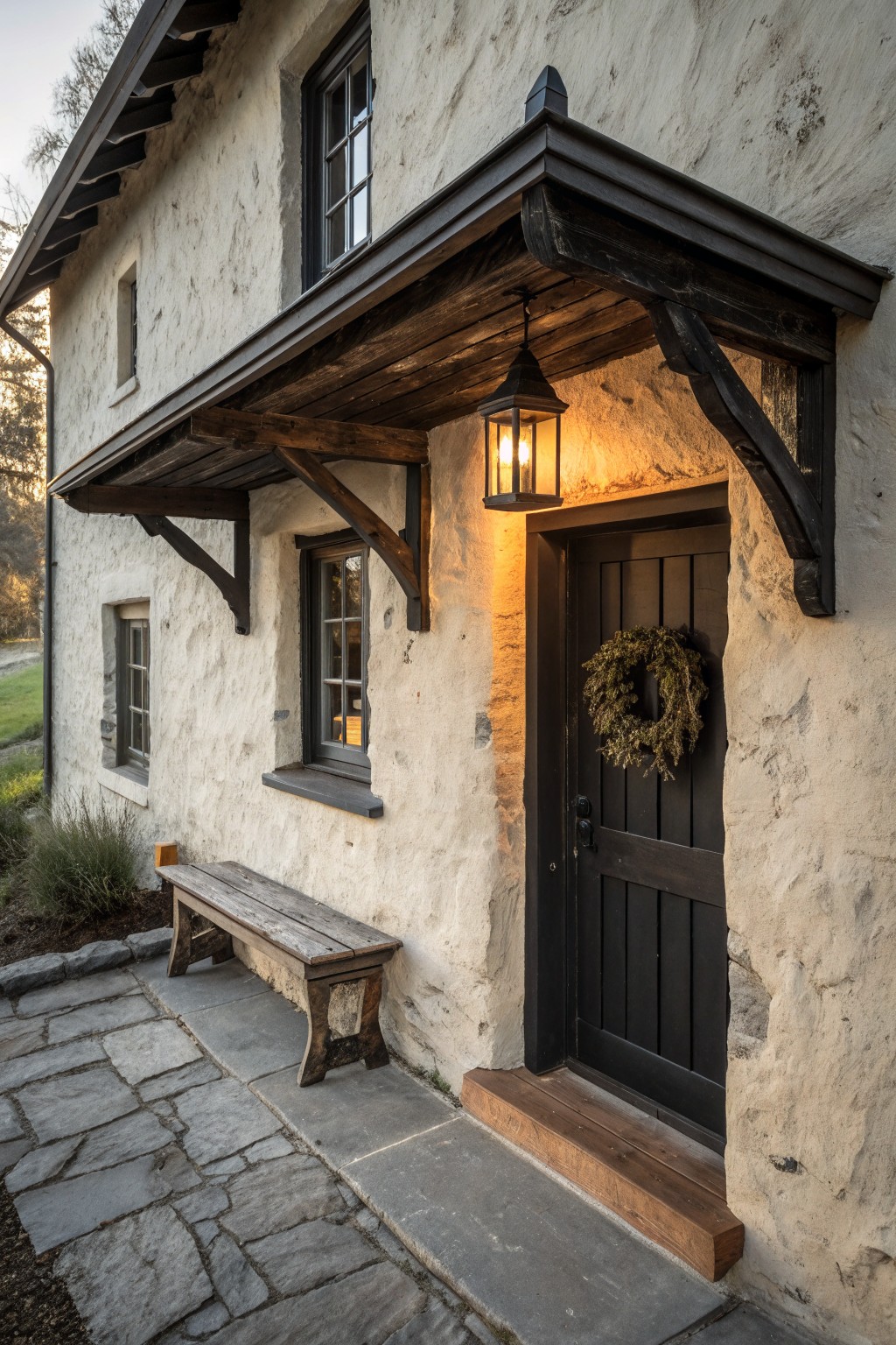 A white stucco farmhouse exterior with a black wooden door, dark trim around the entry, a lit lantern, and a wooden bench along the stone path.