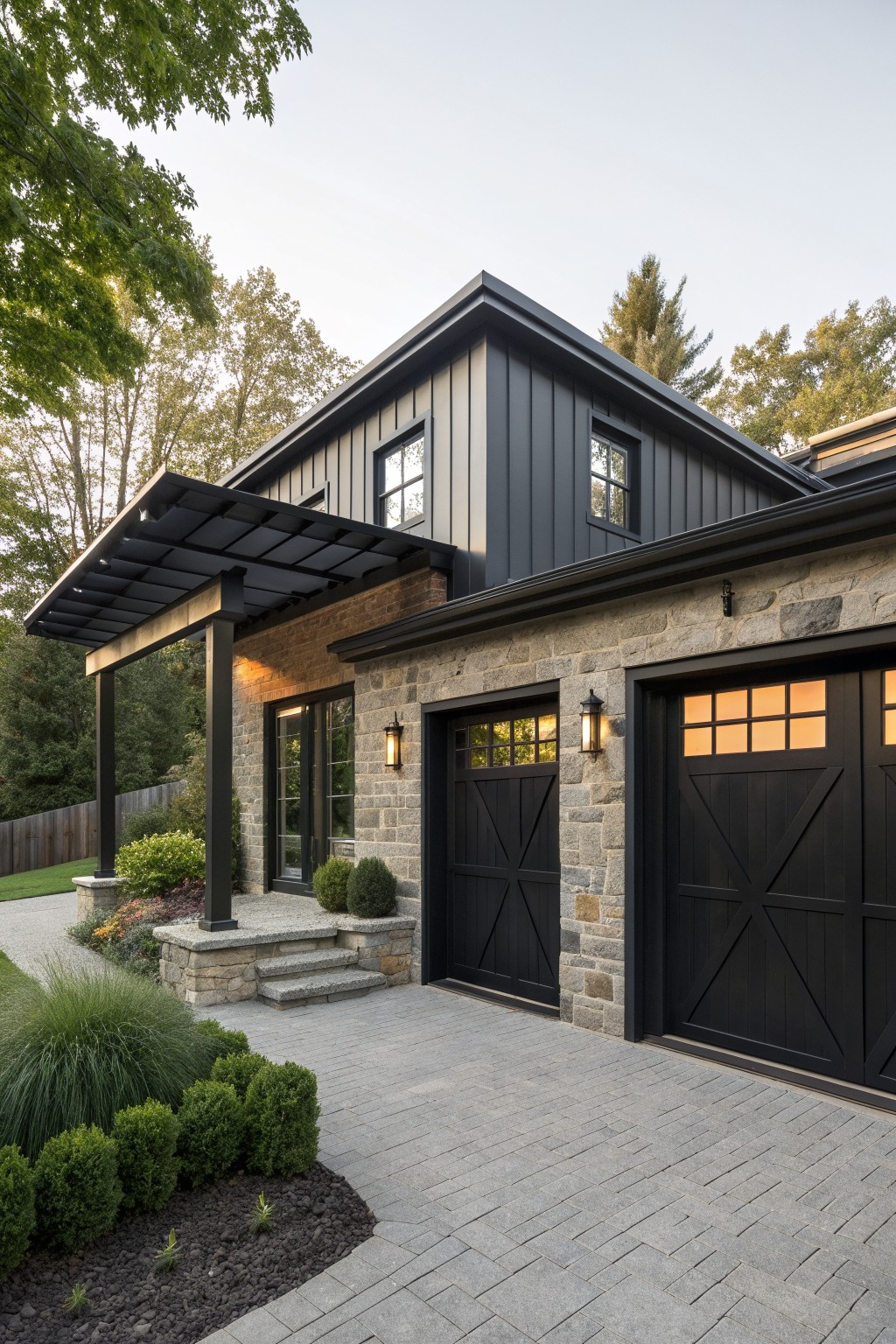 A two-story farmhouse exterior featuring gray stone walls, dark vertical siding, black-framed windows, and two black garage doors with a covered entry on the left.