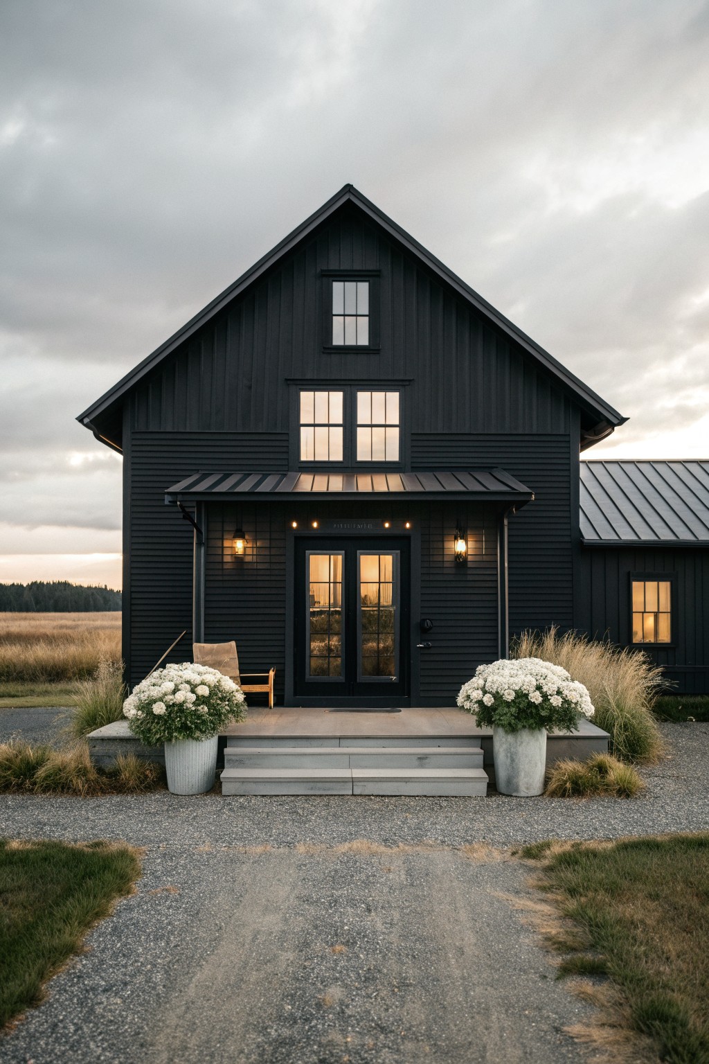 Black gabled farmhouse with white flowers in pots flanking concrete steps at dusk