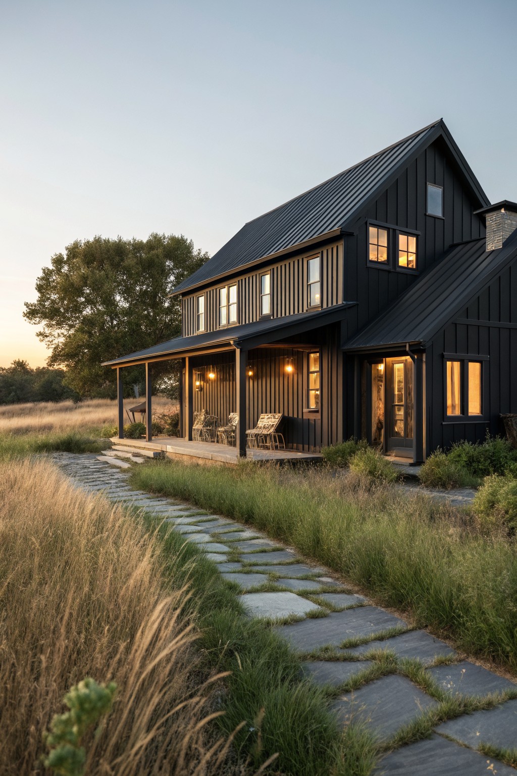 A black two-story farmhouse with vertical siding, a metal roof, lit windows, and a stone path through tall grass.