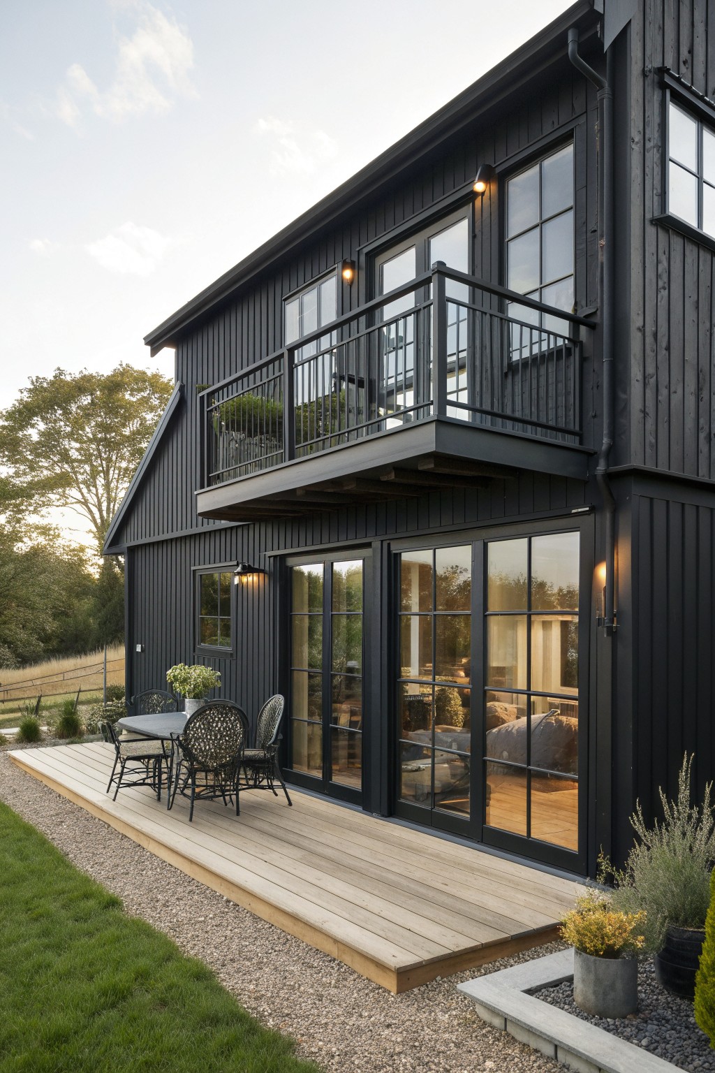 A two-story black farmhouse with vertical siding, large black-framed windows and doors opening to a wooden deck with outdoor seating.