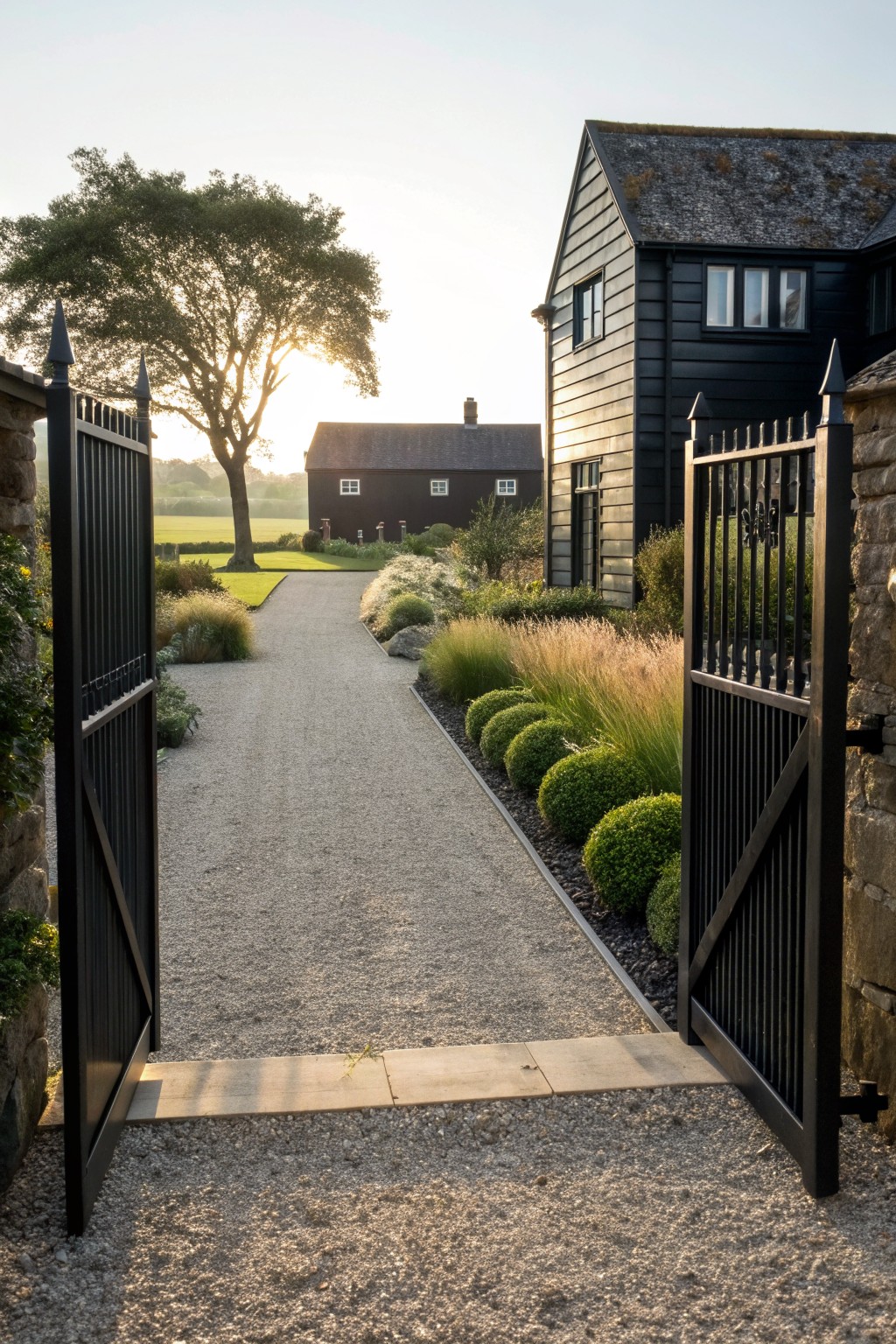 A gravel driveway runs between open black metal gates toward a black wooden farmhouse with a gravel path and planted beds along the edges.