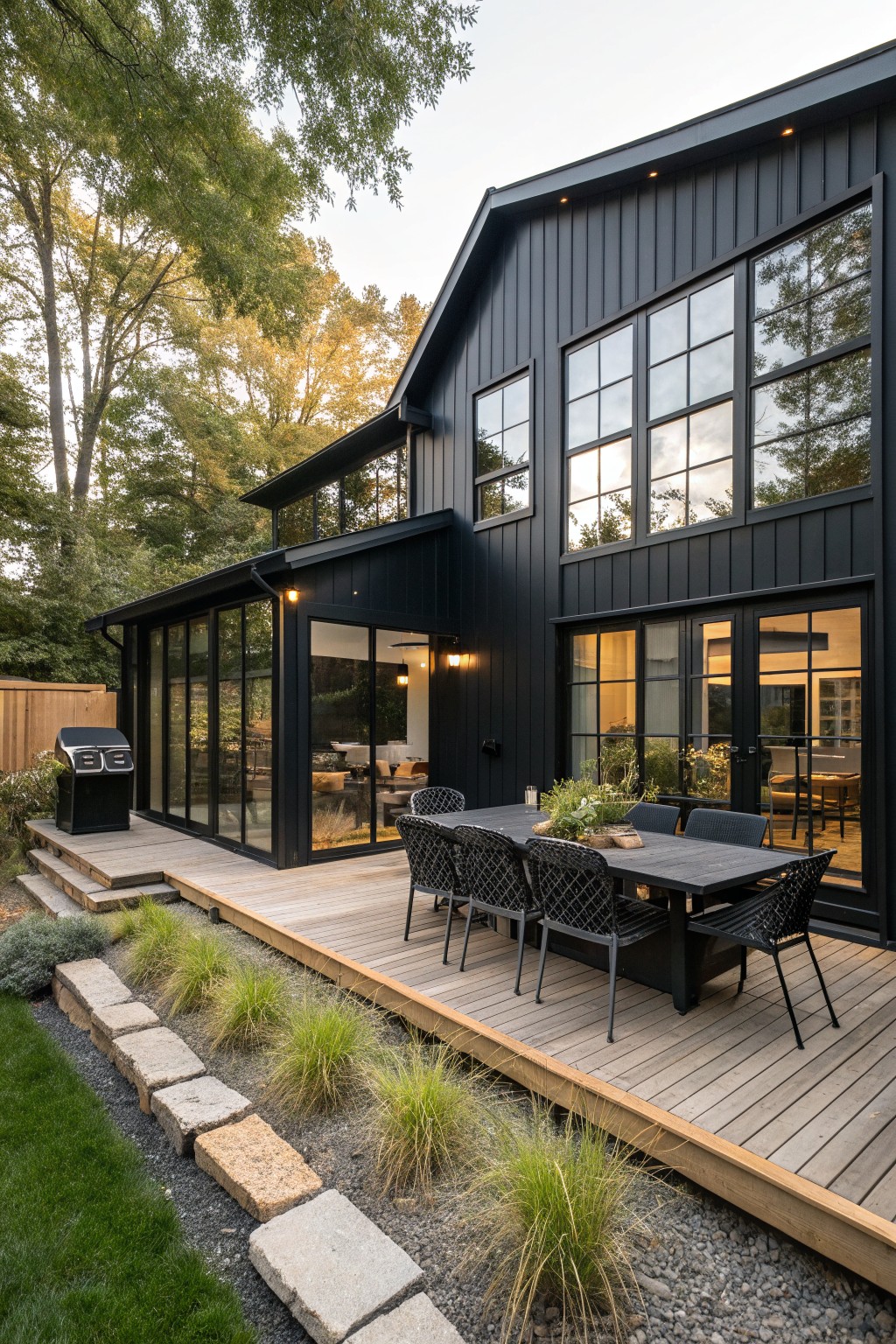 A black modern farmhouse with vertical siding, large grid windows, and a spacious wooden deck holding a dark dining table and woven chairs.