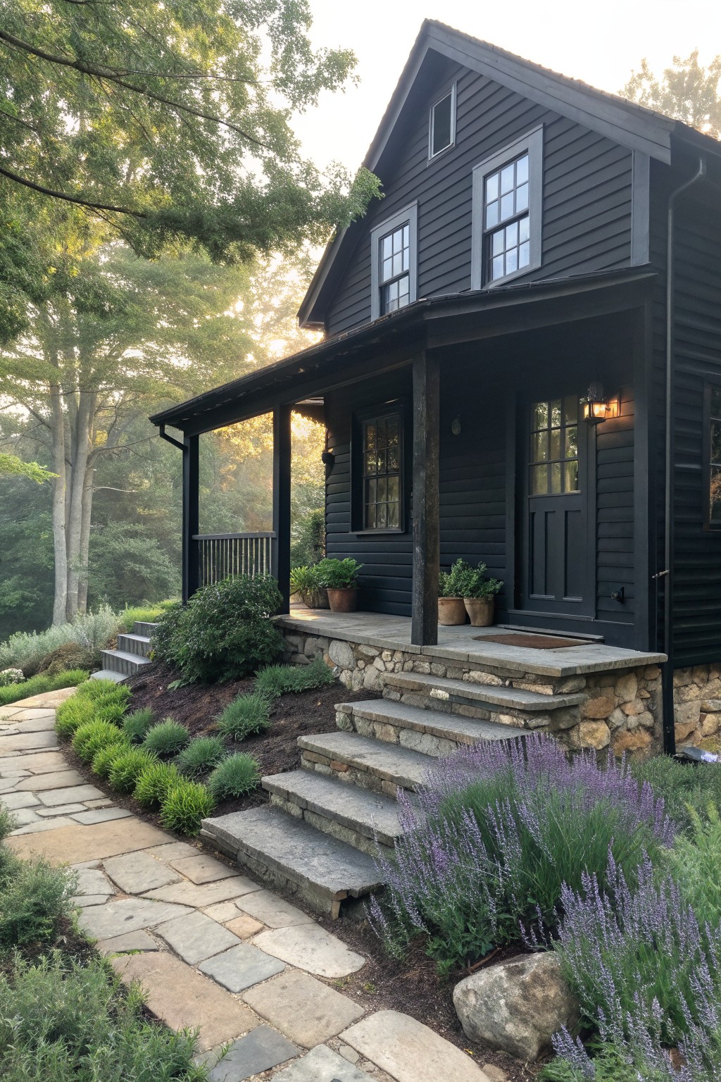 Dark wooden house with stone steps, porch, and garden of purple lavender flowers
