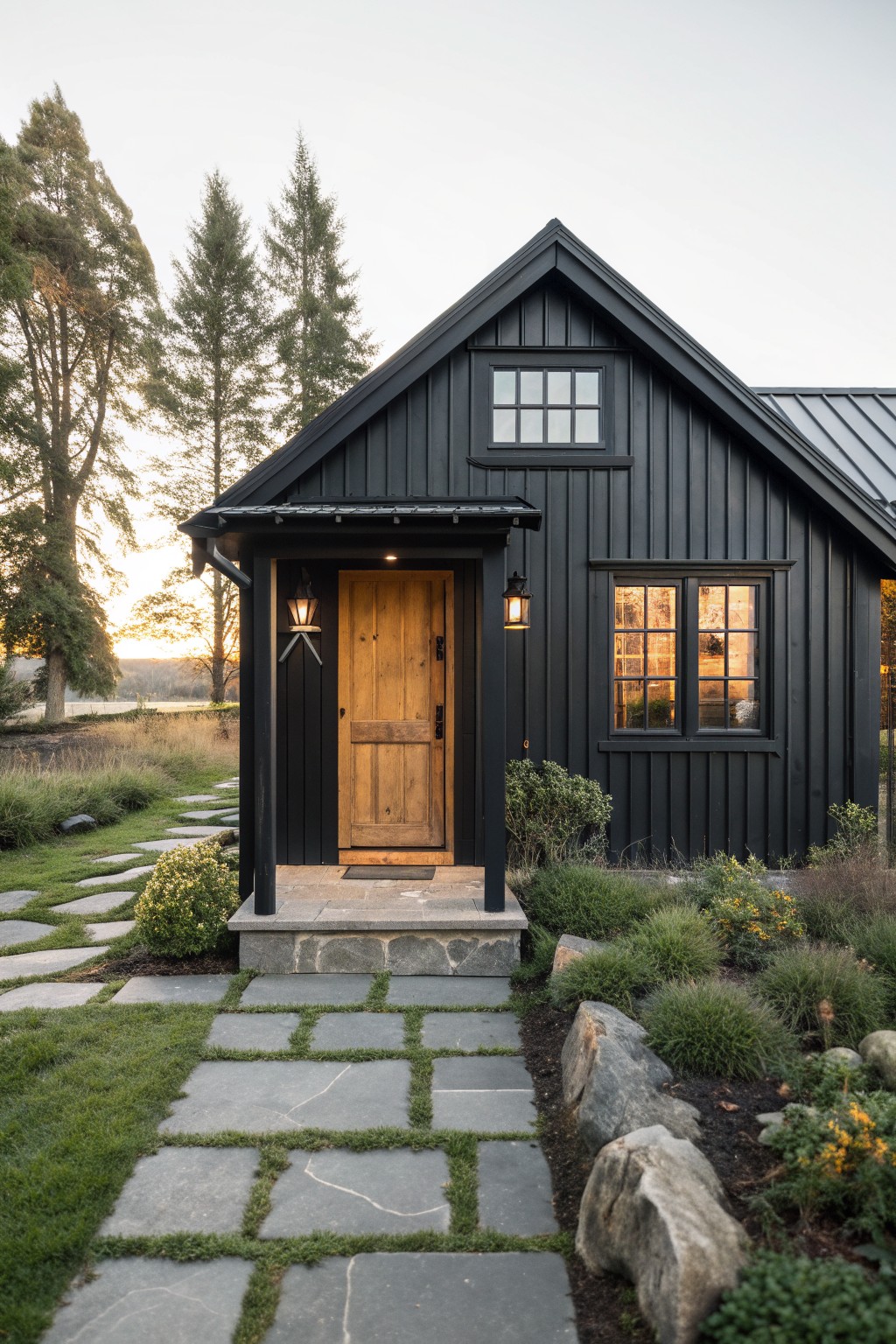 A black farmhouse with vertical siding, a centered wood front door, two wall lanterns, and a stone path leading to the entry.