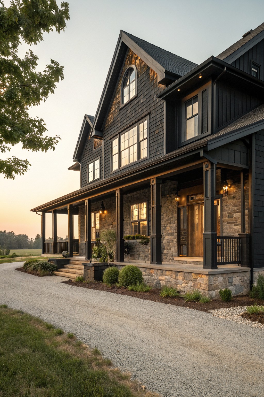 Black shingled house with stone porch, columns, and gravel driveway at dusk