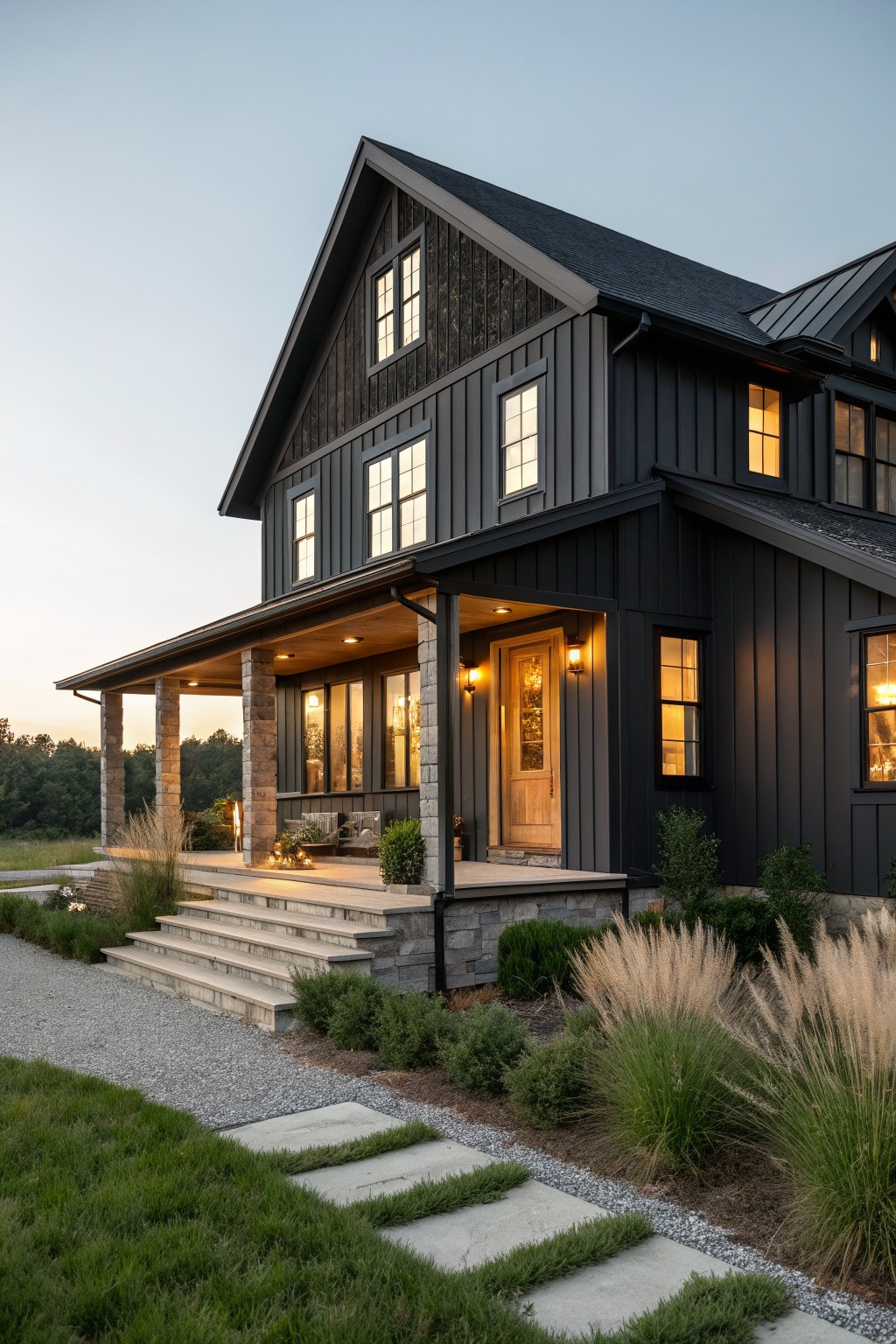 Modern dark gray farmhouse with lit porch, windows, and stone steps at dusk