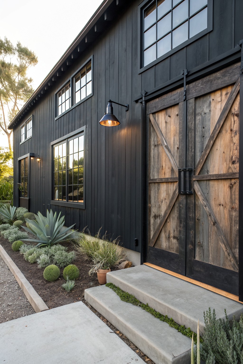 Black modern house with wooden barn doors, grid windows, and succulent garden.