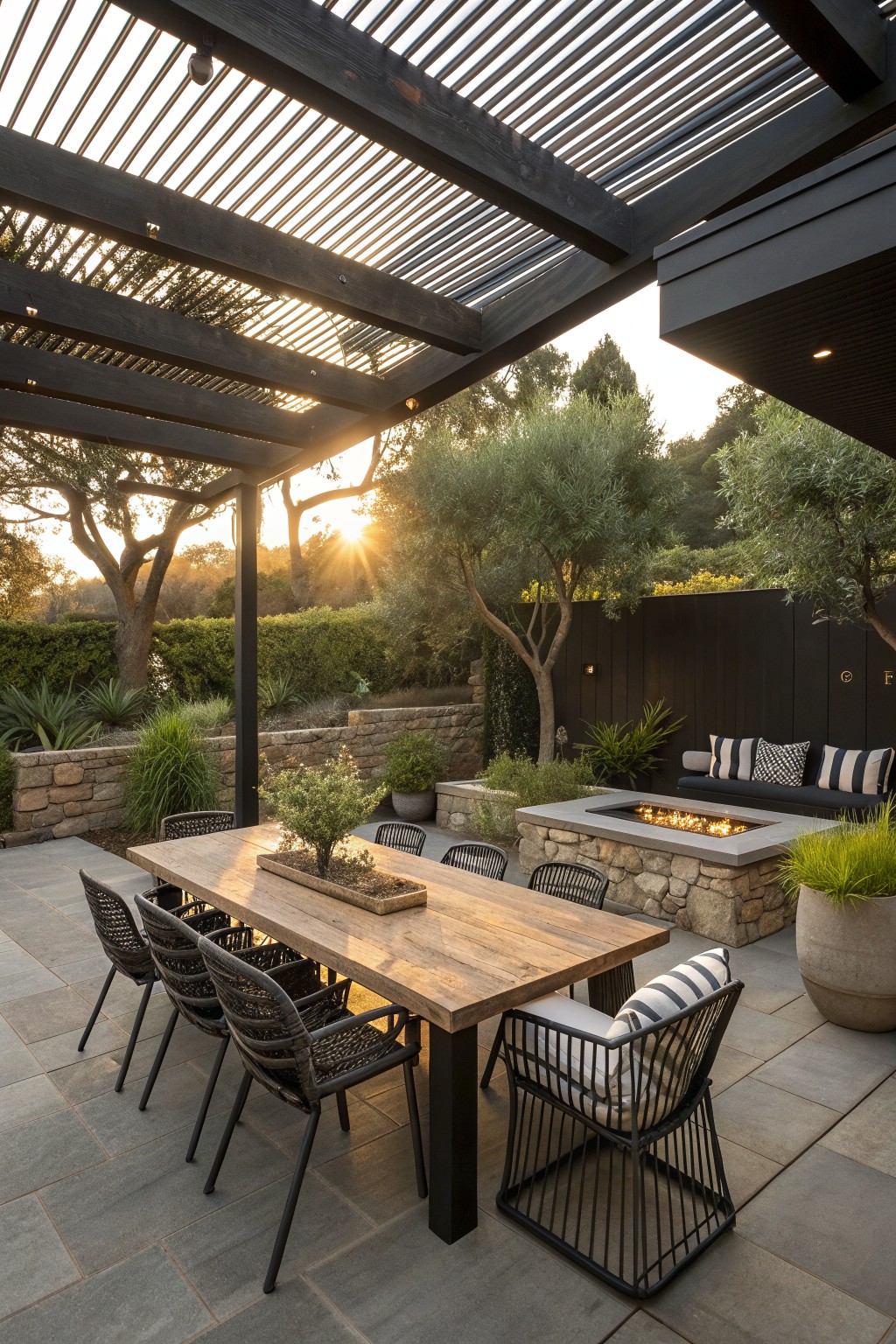 An outdoor patio with a long wooden dining table, black woven chairs, and a built-in stone fire pit under a dark slatted pergola.