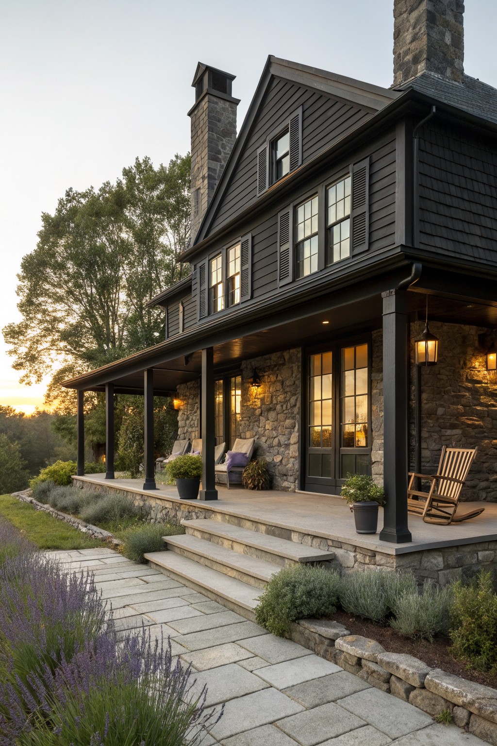 A dark painted two-story farmhouse with stone base, covered porch, double front doors, and stone steps at dusk.