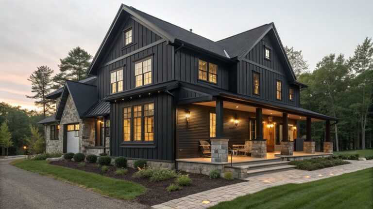 23 Bold Black Farmhouse Exterior Ideas for Dark Rustic Contrast Modern dark gray farmhouse with lit porch, windows, and stone steps at dusk