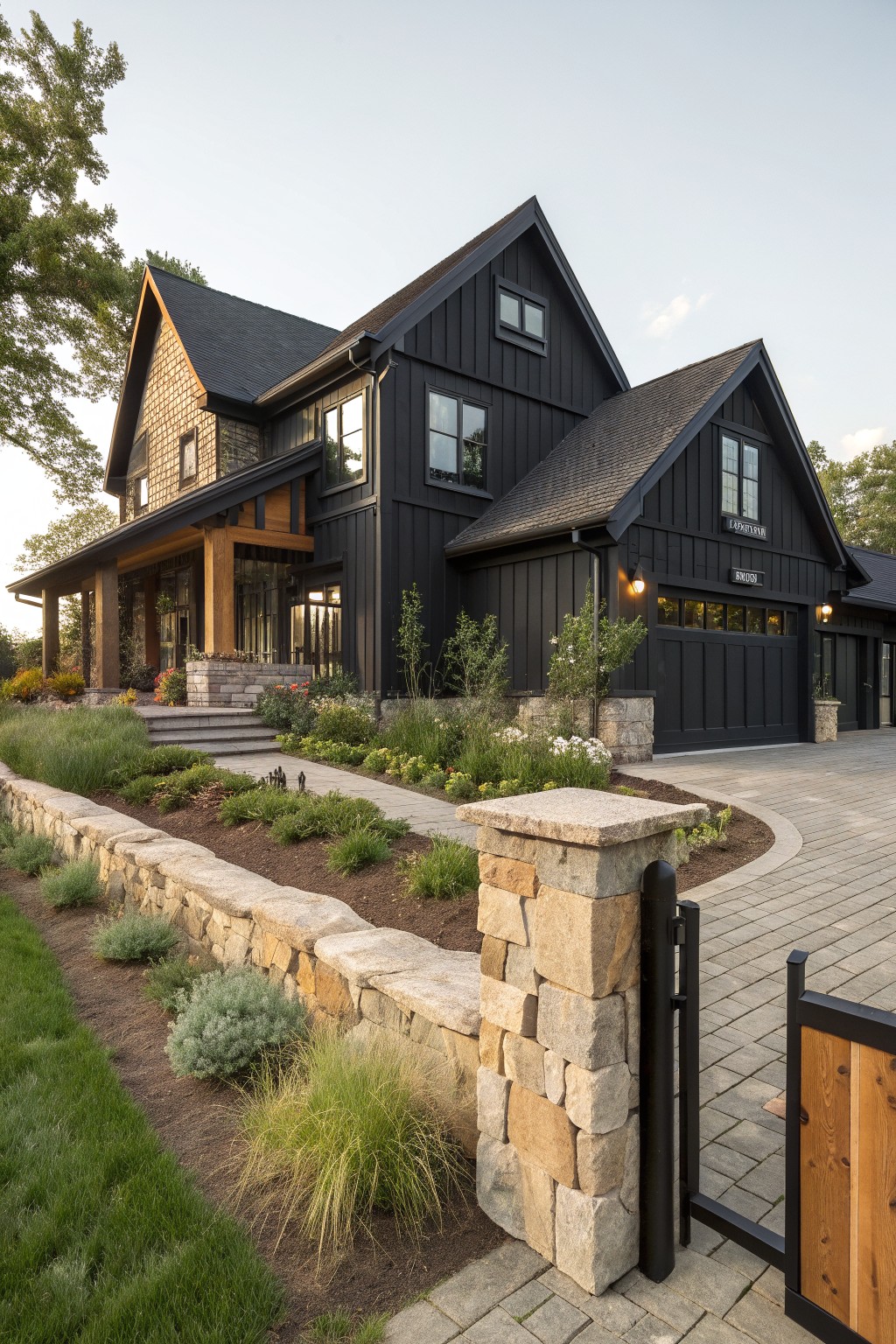 A two-story black farmhouse with gabled roofs, wood accents on one gable, stone foundation details, and a paved driveway bordered by a low stone wall and landscaping.