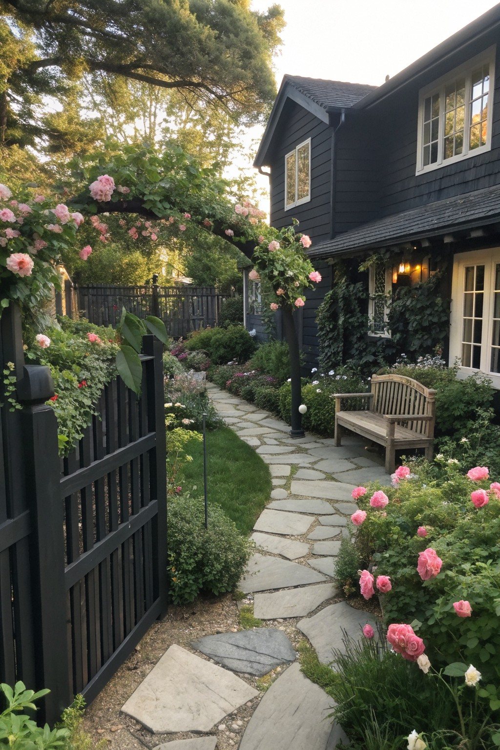 A black farmhouse with white trim features a winding stone pathway bordered by pink rose bushes and lush garden beds, with a wooden bench visible near the house.