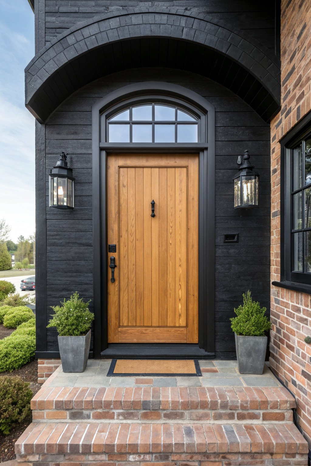 Wooden door with arched transom, black lanterns, and potted plants on brick steps