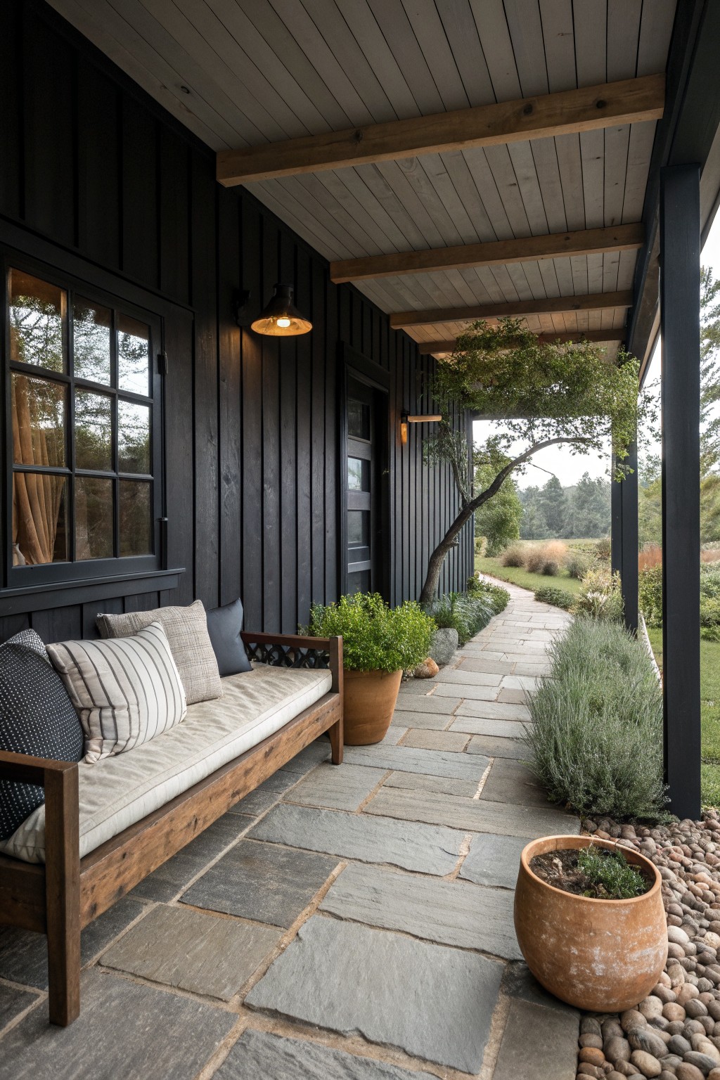 A black farmhouse porch with a wooden bench holding cushions, terracotta pots, and a stone pathway leading outward.