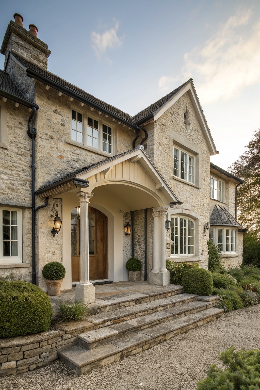 Stone house exterior featuring a central arched portico with two columns over a wooden door, stone steps, and surrounding shrubs.