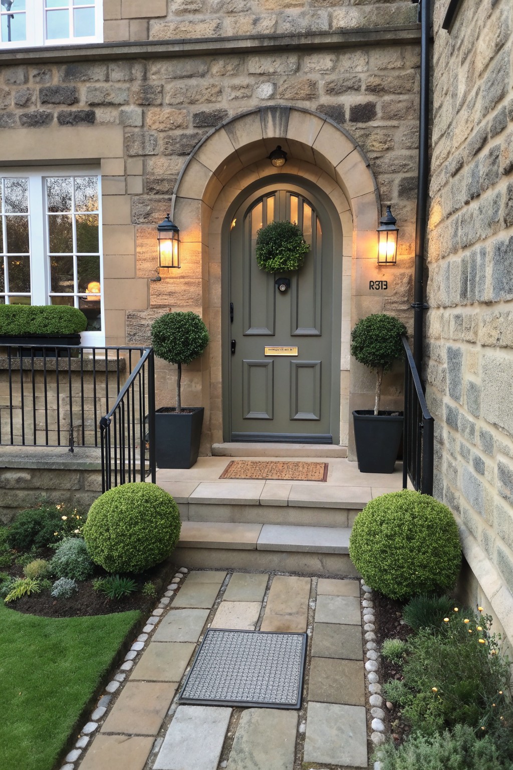 A gray paneled door set inside a stone arch on a stone house facade, flanked by wall lanterns and potted shrubs with a stone path leading to the steps.