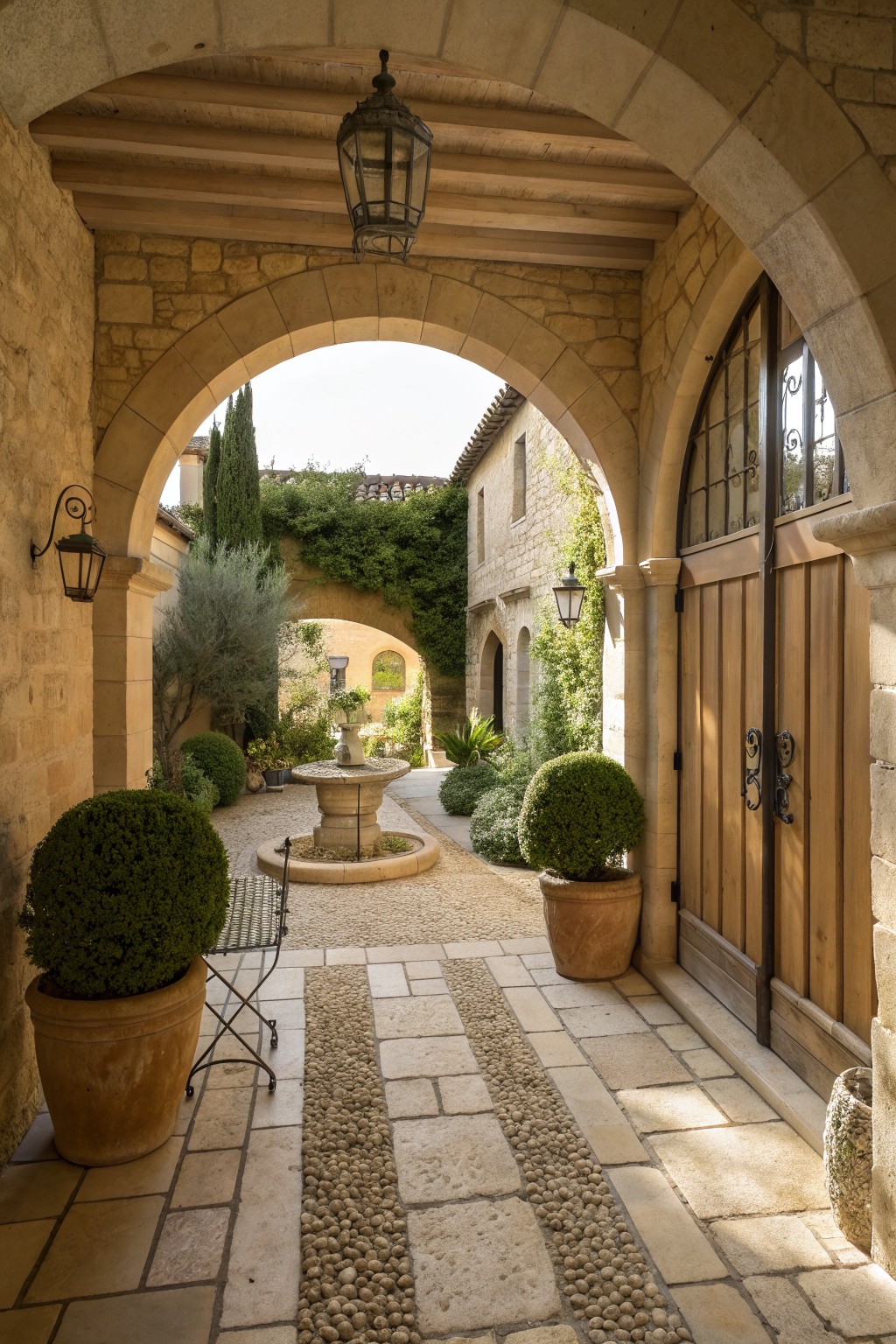 A stone building entry with multiple arches, a wooden double door on the right, and a view through to a courtyard with a central fountain and potted plants.