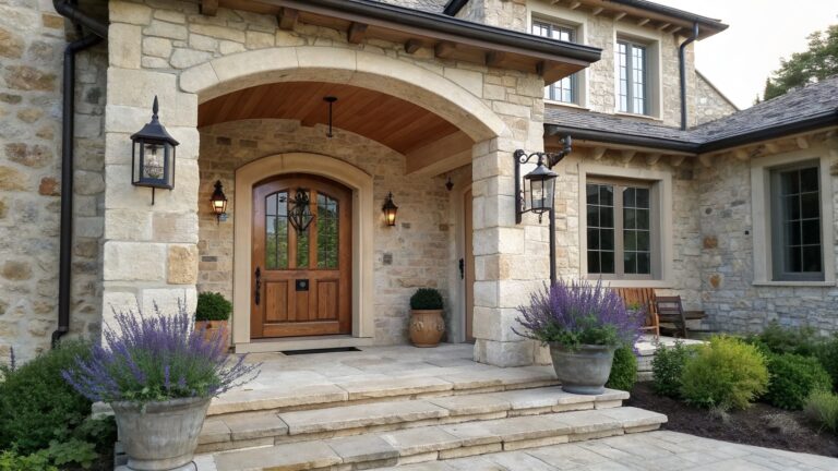 A stone house front entrance with a large arched doorway, wooden double doors, and side lanterns.